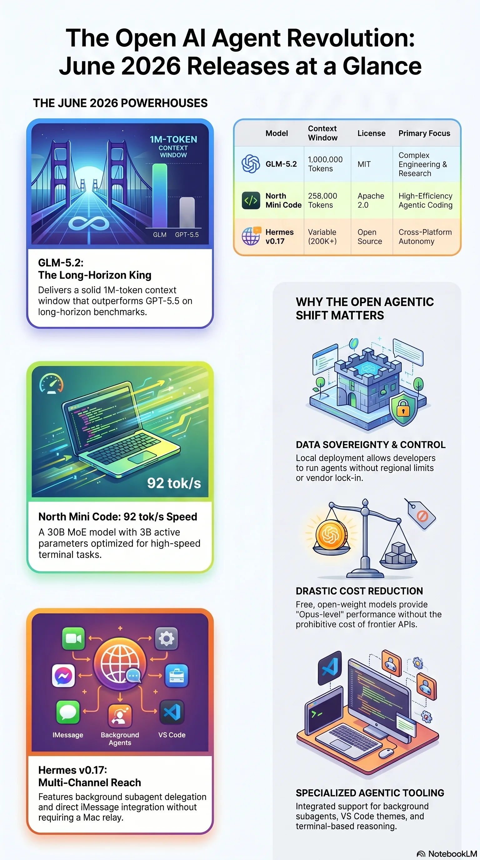 A portrait infographic the research agent generated: 'The Open AI Agent Revolution — June 2026 Releases at a Glance', with a comparison table of GLM-5.2, North Mini Code and Hermes v0.17, the three powerhouses, and why the open agentic shift matters