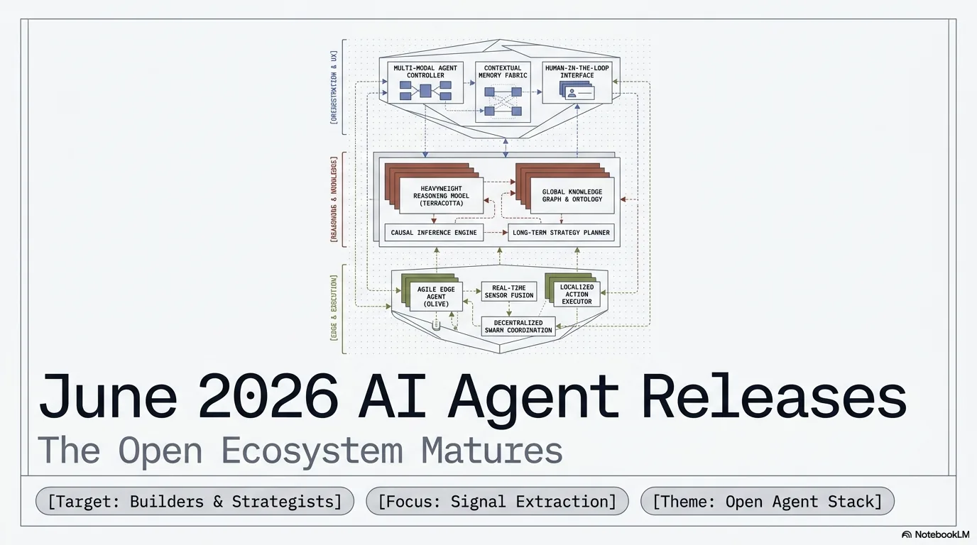 Page one of the research slide deck the agent generated: 'June 2026 AI Agent Releases — The Open Ecosystem Matures', with a diagram and tags for target audience, focus and theme