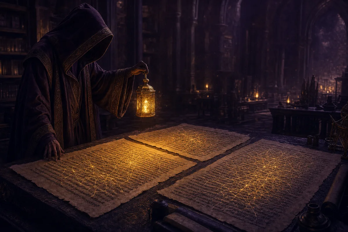 A robed scholar fully clothed in a long flowing hooded robe lifts a glowing lamp over a sheet of parchment and a hidden lattice of molten-gold threads glows through the writing, with the same lattice showing on the copy beside it