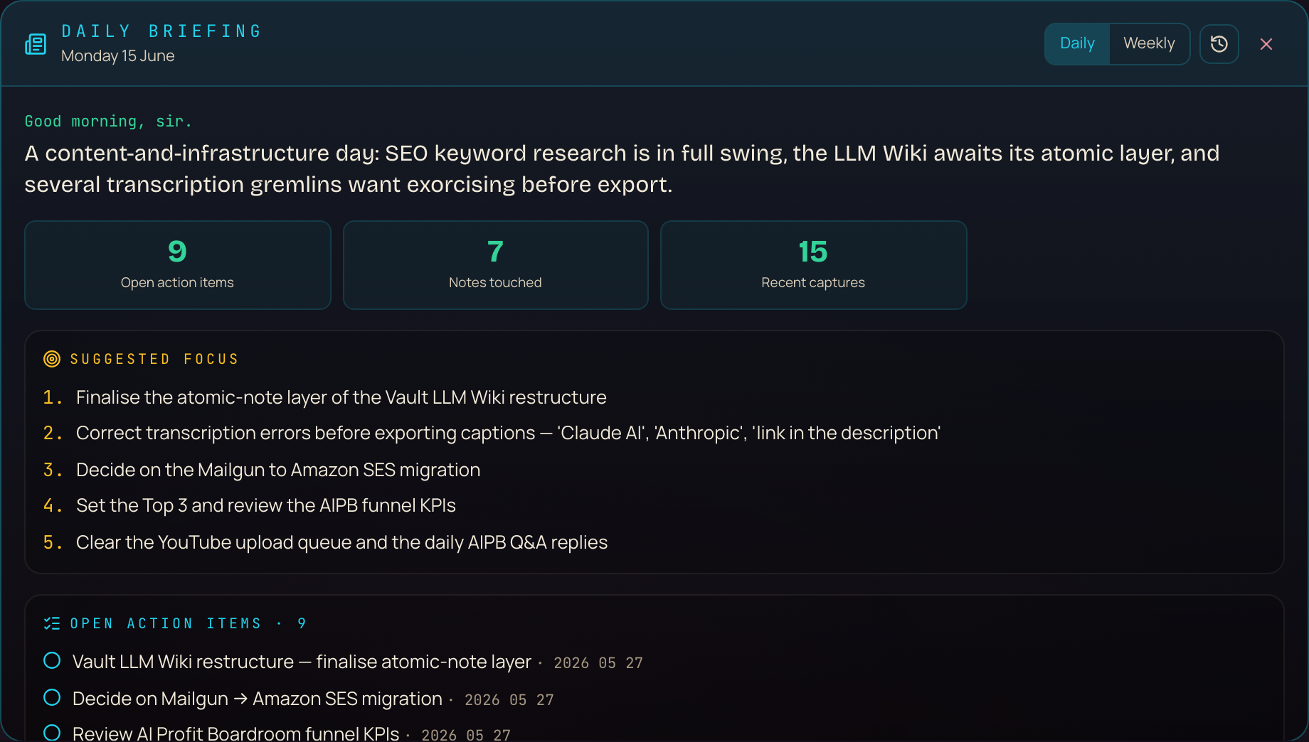 The daily briefing panel with stat tiles, suggested focus and open action items