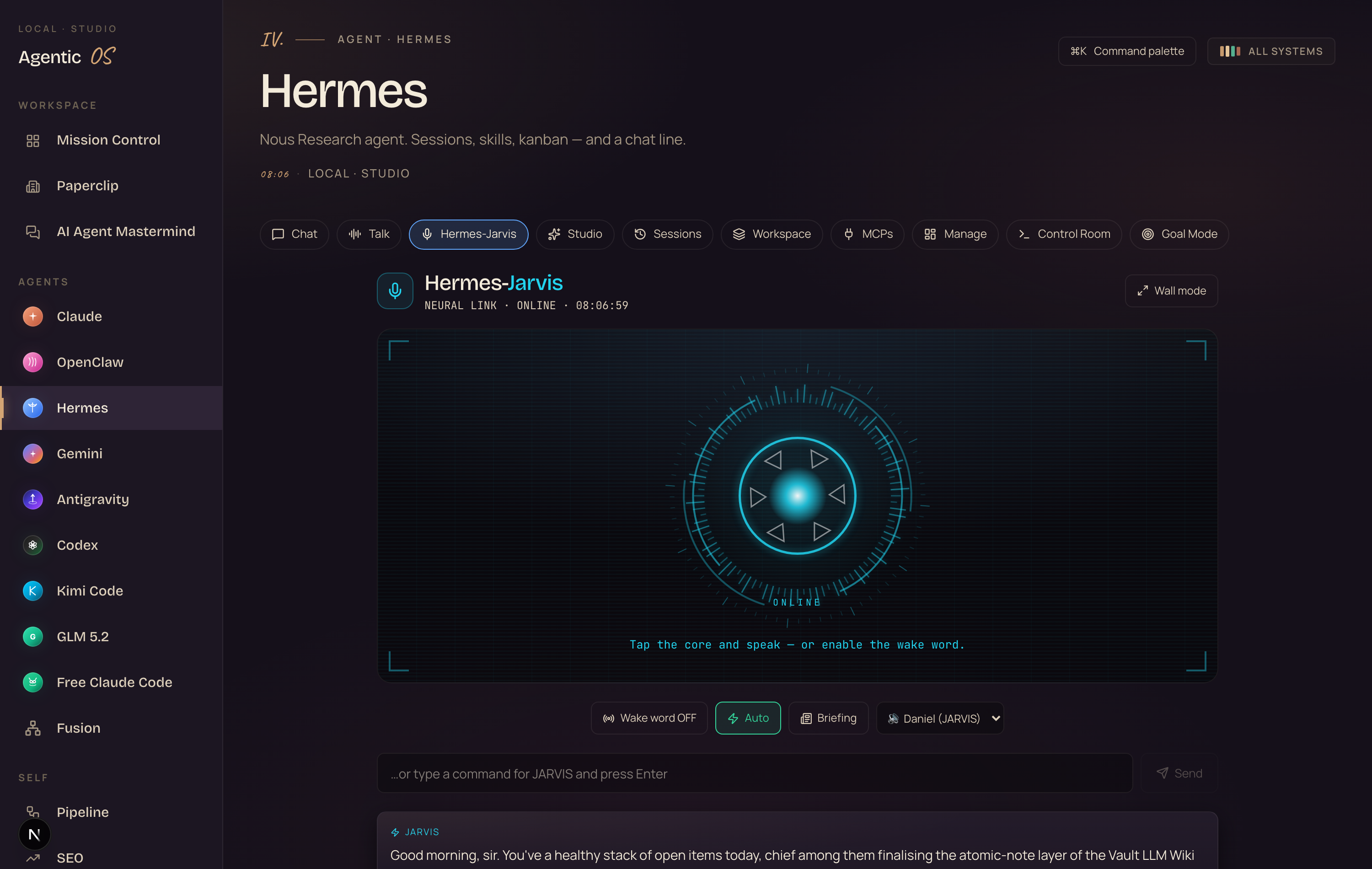 The Hermes-Jarvis arc reactor, online and waiting for a command