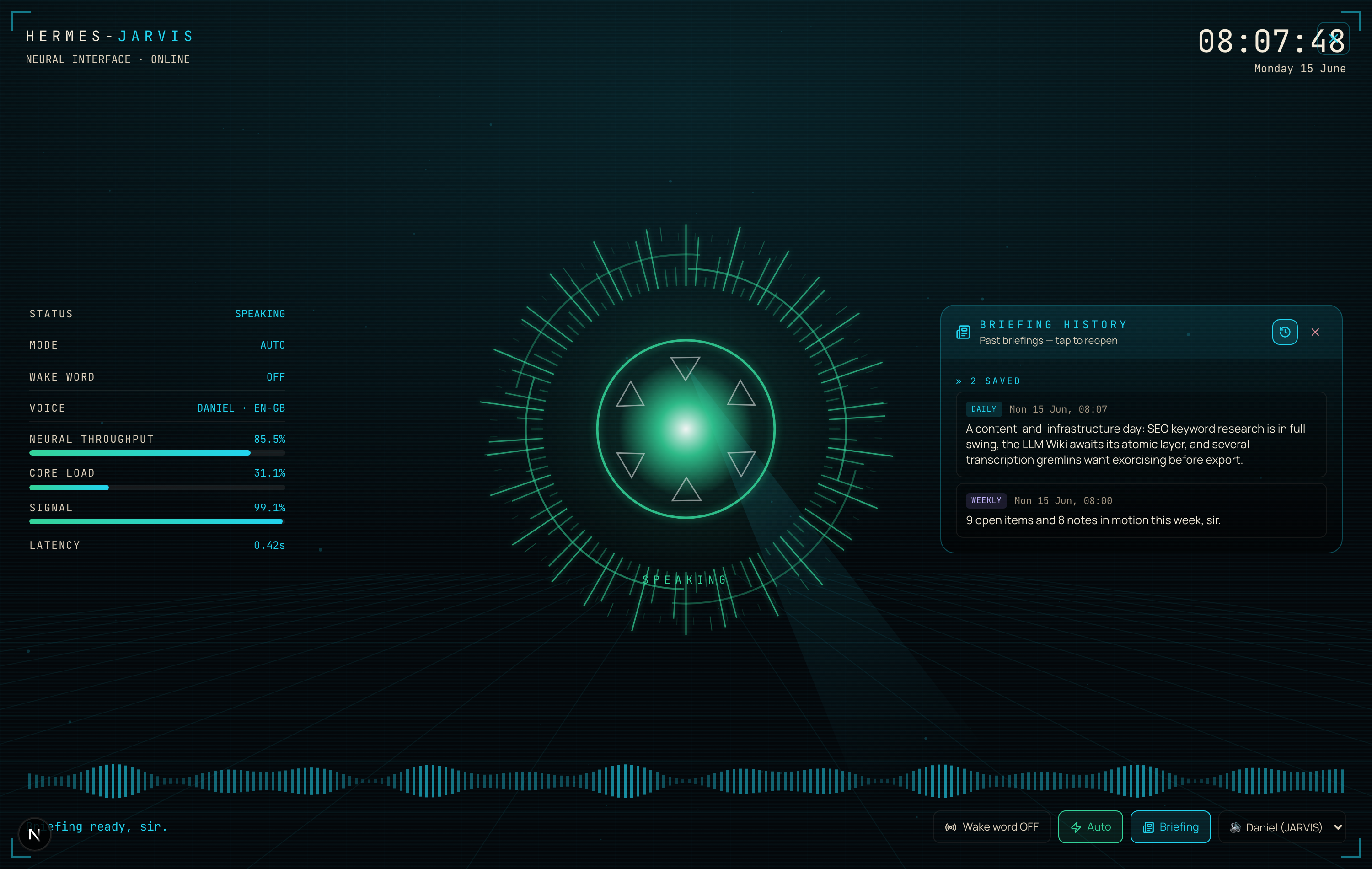 Wall mode — fullscreen HUD with telemetry, reactor and live transcript