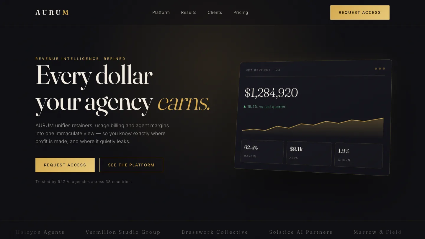 AURUM — a luxury dark-and-gold SaaS landing page with serif headline Every dollar your agency earns and a floating analytics dashboard mock