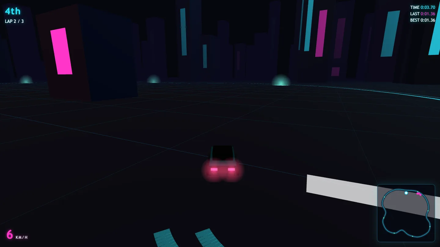 NEON DRIFT — a three.js racing game mid-race: chase camera behind a car with glowing rear lights, neon city, HUD showing 4th place lap 2 of 3, minimap
