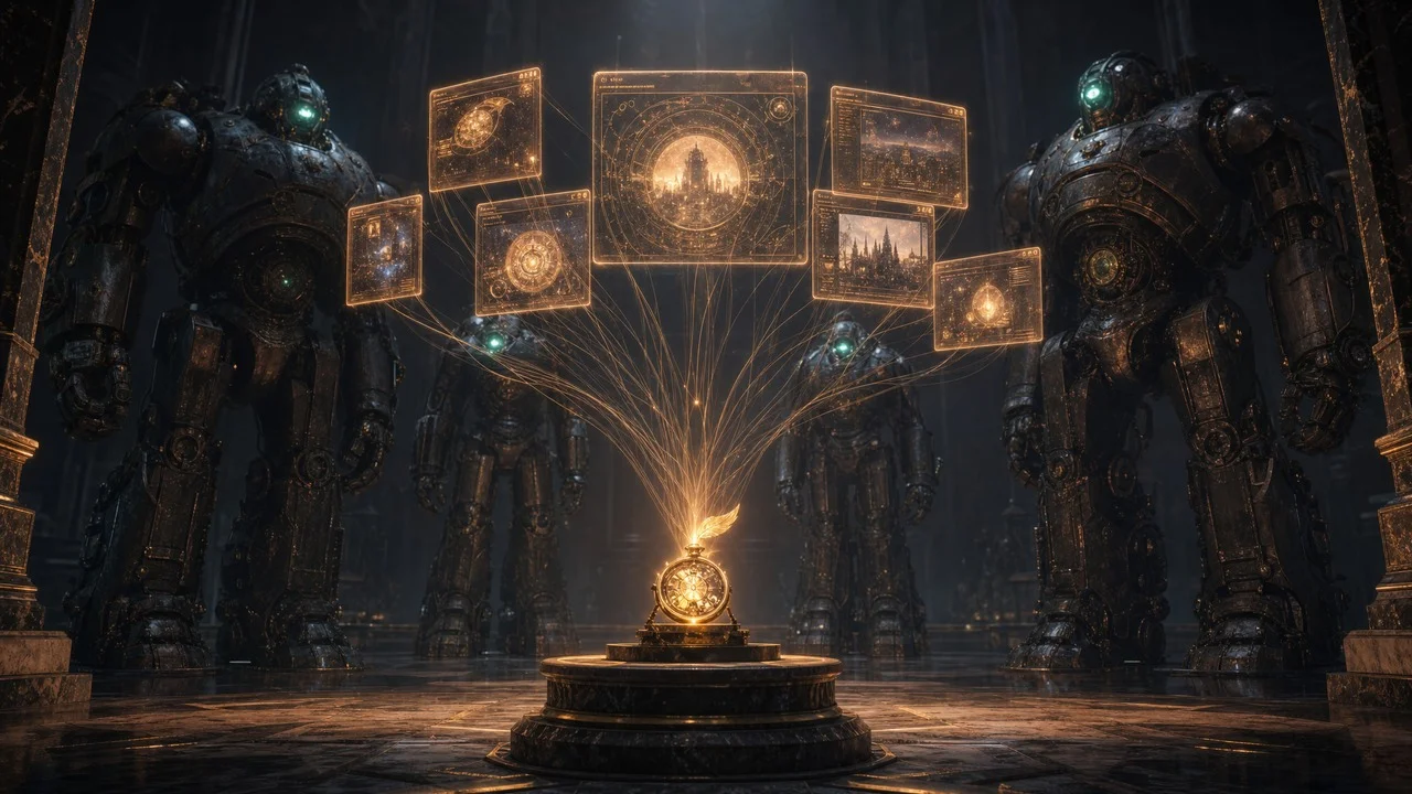 A tiny glowing amber machine core on a pedestal outshining four huge dark iron machines behind it, weaving finished app windows out of light