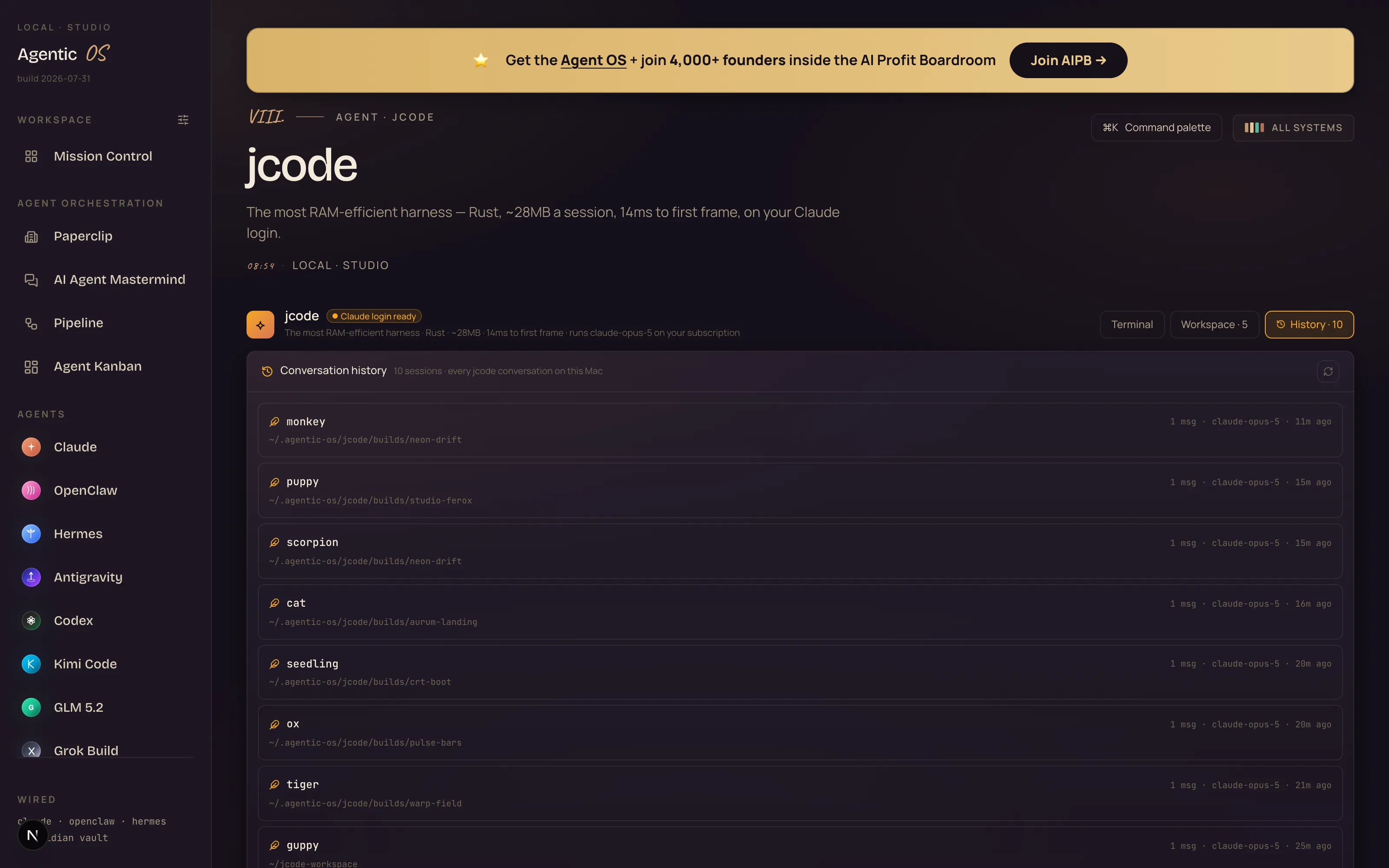 The jcode History tab: ten sessions with animal names — monkey, puppy, scorpion, cat, seedling, ox, tiger — each showing model claude-opus-5, message count and working directory
