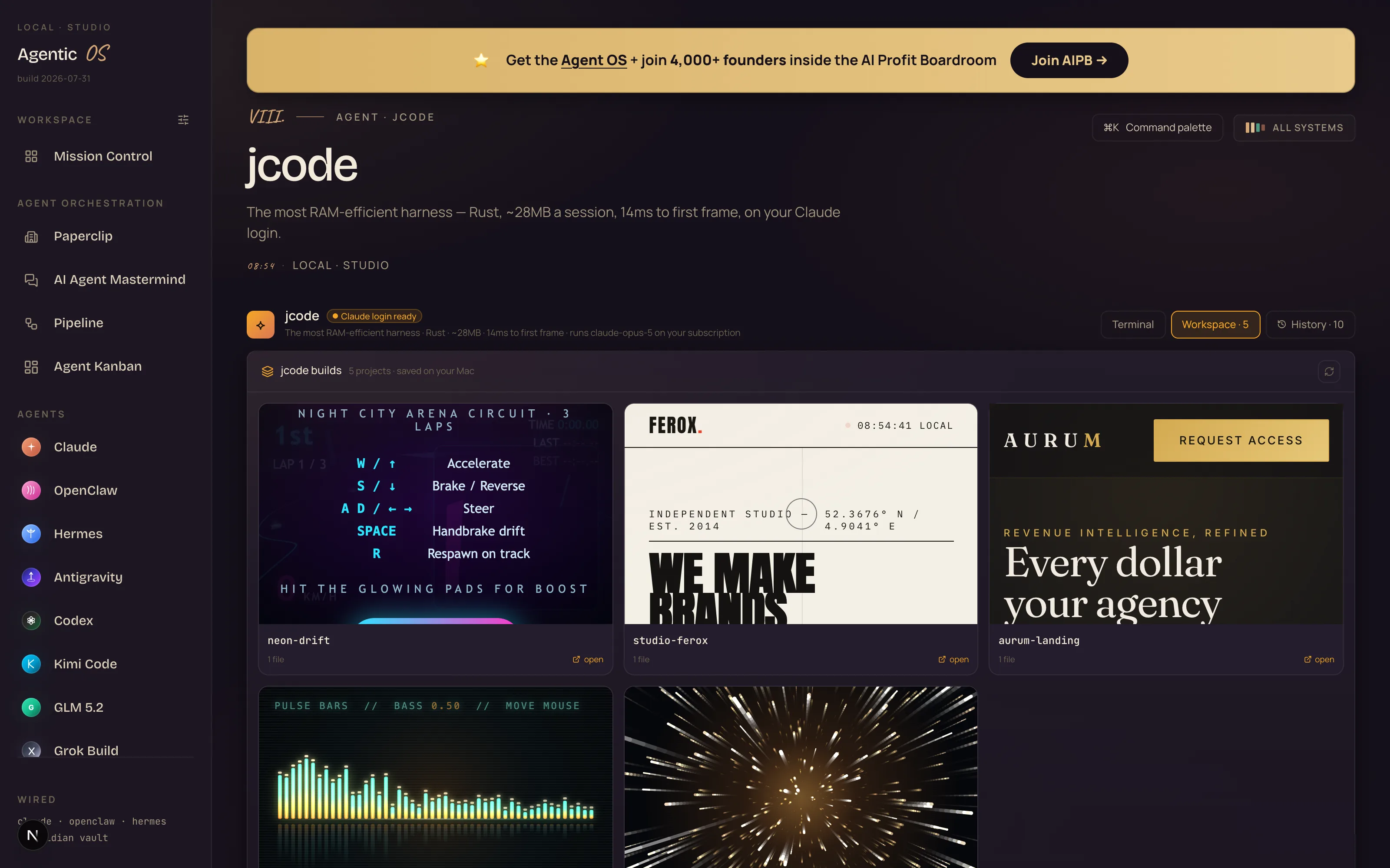 The jcode tab in the Agent OS, Workspace view: live previews of five builds — the Neon Drift racing game, Studio Ferox site, Aurum landing page and two animations
