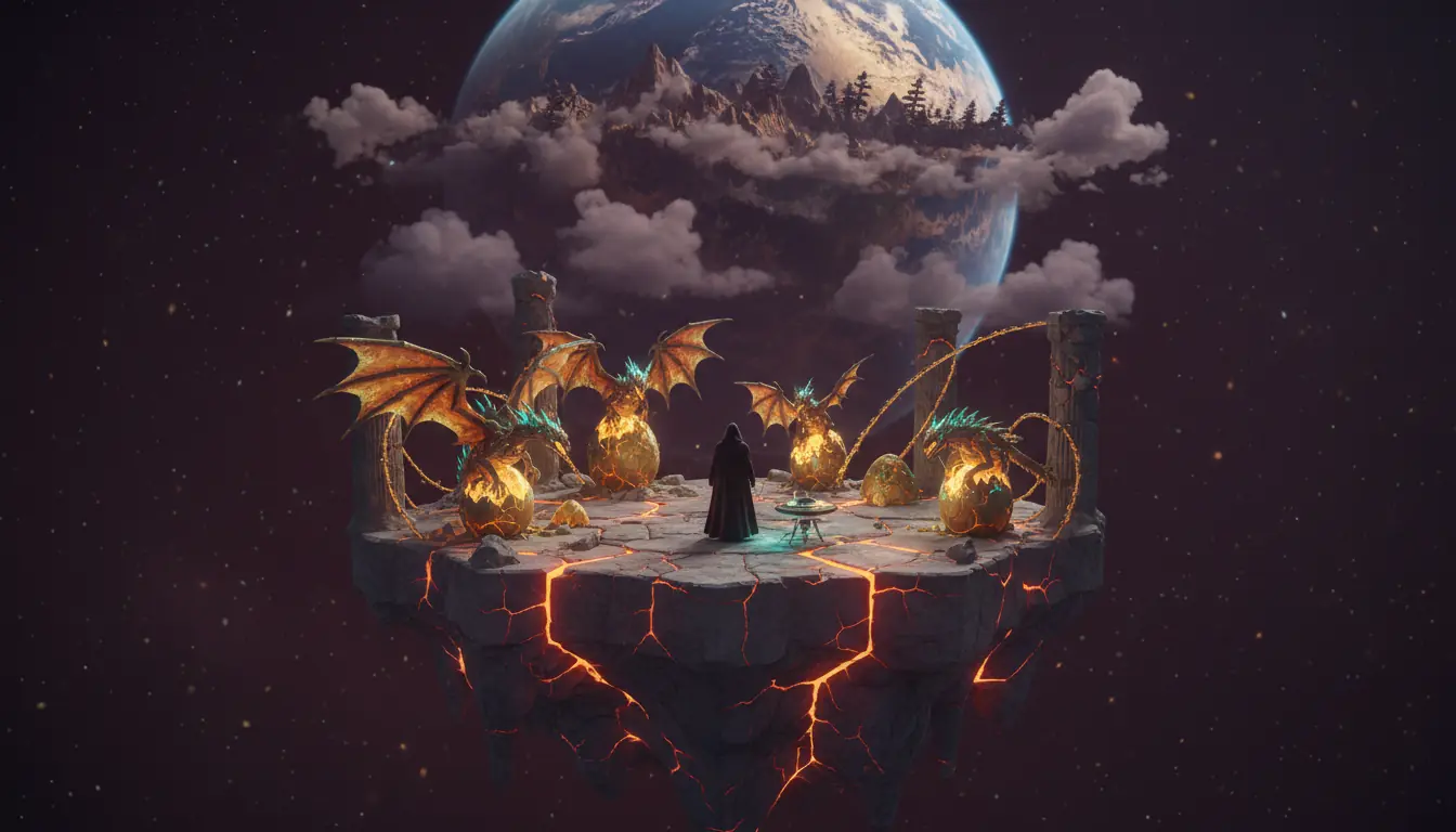 A hooded explorer, fully clothed in a long dark cloak, stands on a floating stone island with winged creatures and glowing eggs under a giant living planet