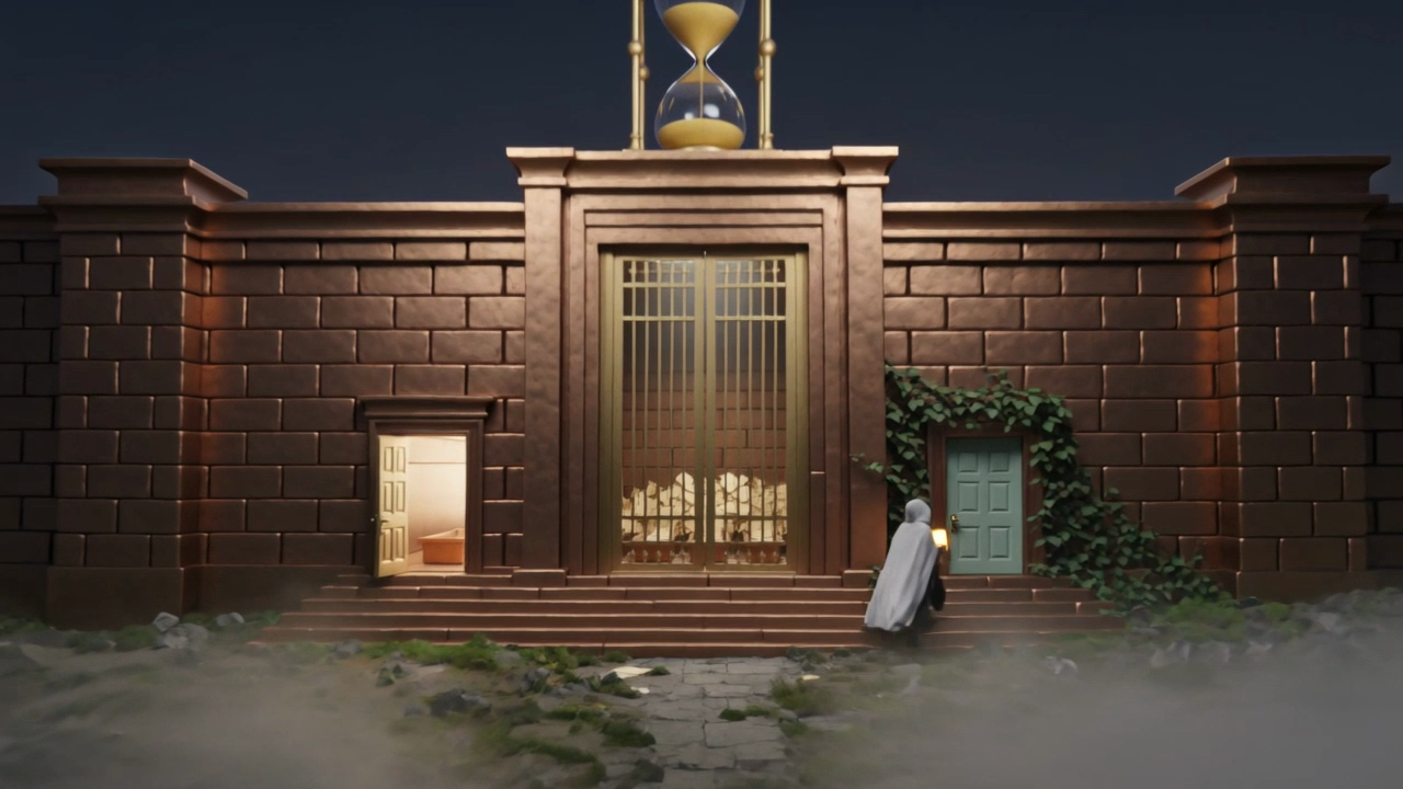 A bronze citadel wall at night with three glowing doors, a giant hourglass above the middle gate, and a traveller fully clothed in a long hooded cloak walking toward a hidden ivy-covered door