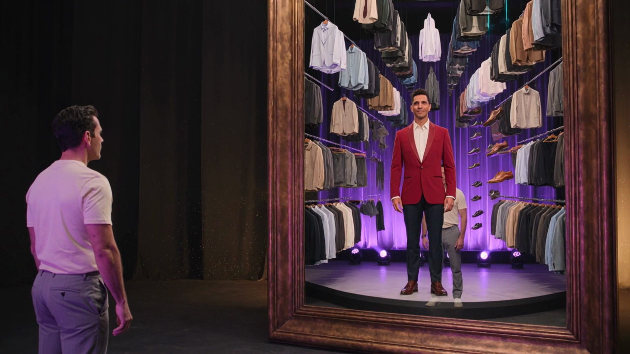 A man fully clothed in a cream t-shirt and grey trousers faces a giant bronze mirror; inside it a floating closet of clothes and his reflection wearing a red blazer on a stage