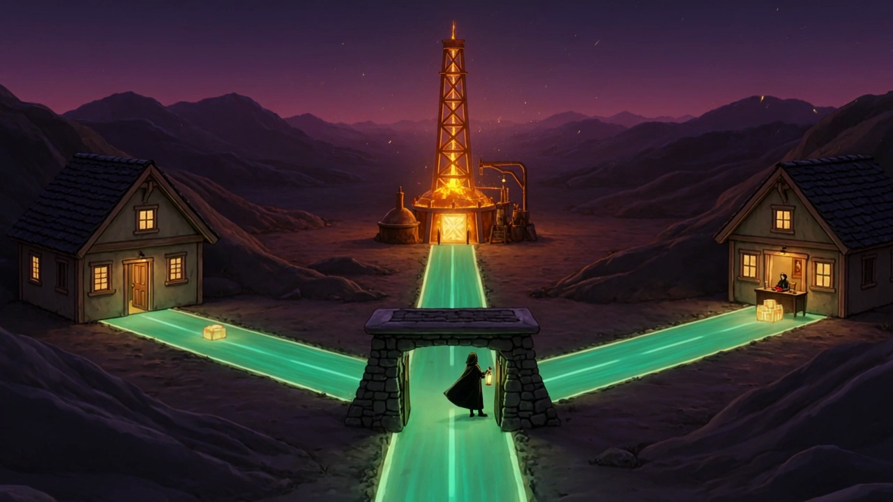 A gatekeeper fully clothed in a long hooded cloak stands at a stone gate on a mountain crossroads at night, with three glowing emerald paths leading to a cottage, a tall bronze tower and a desk