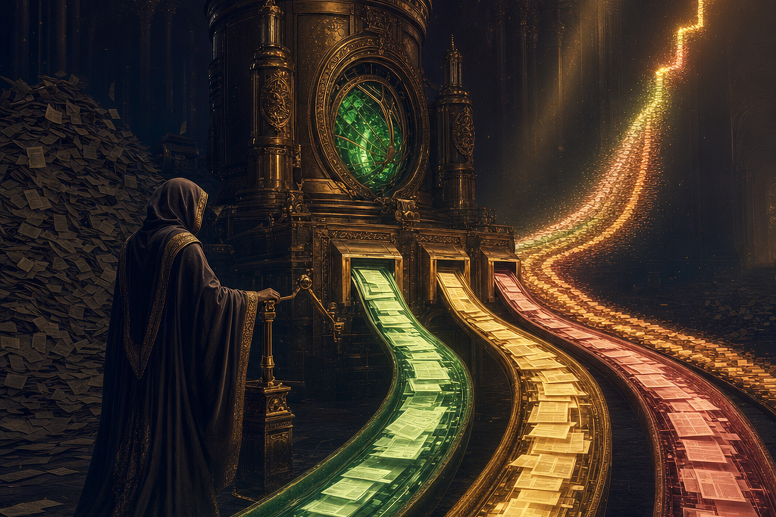 A robed engineer, fully clothed in a long hooded robe, watches a brass sorting machine flick thousands of glowing pages into three lanes that rise into a climbing chart