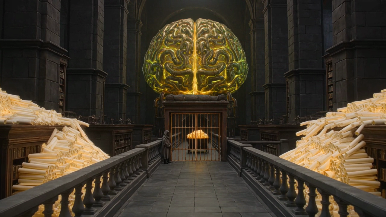 A colossal glowing brain-shaped engine in a dark stone library, calm green and gold, with piles of glowing scrolls set aside on both sides of a bridge and a small robed gatekeeper at a bronze gate