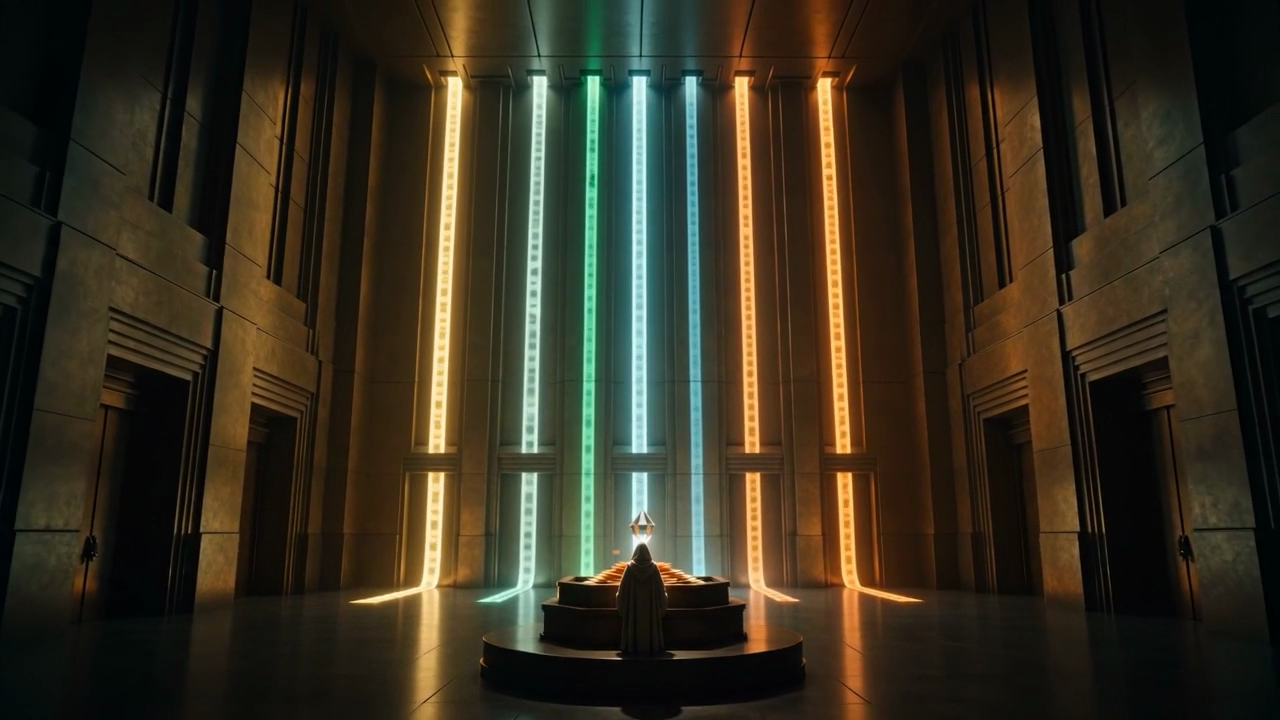 A bronze sorting hall at night: a small engineer fully clothed in a long hooded robe stands at a console beside a glowing crystal while thousands of golden envelopes stream into neat lanes of gold, emerald and cyan light