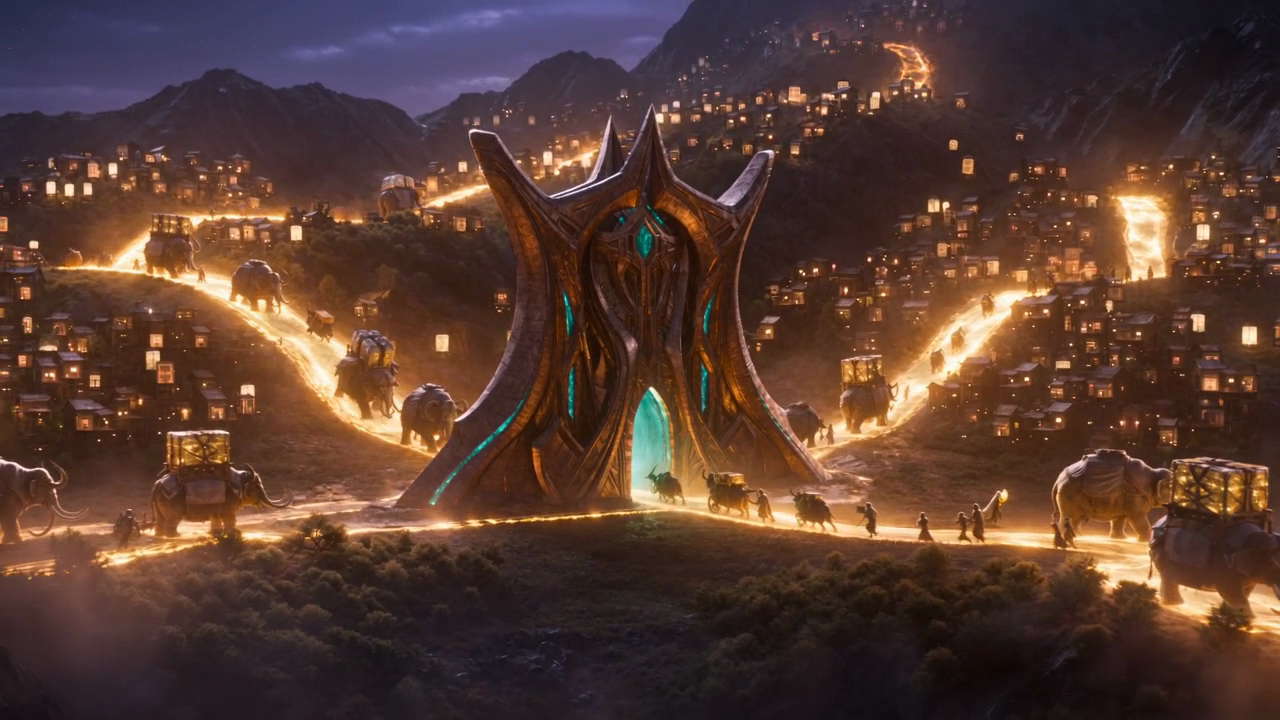 A colossal bronze gateway arch at night with golden roads running through it, slow caravans queuing, robed travellers fully clothed in long cloaks, and hundreds of lanterns lighting up across the valley