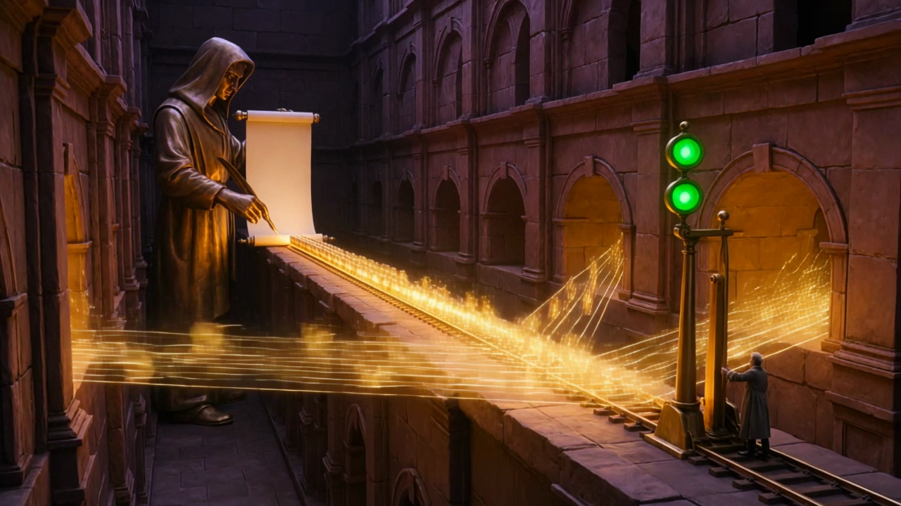 A colossal bronze railway junction at night: a giant scholar statue fully clothed in a long hooded robe writes on a scroll while golden capsules queue; a small engineer in a full-length robe pulls a lever under a green signal and the rail fans out into many glowing tracks
