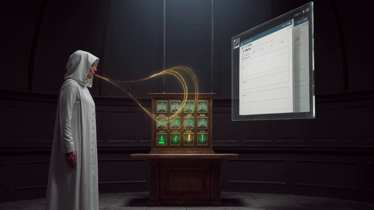 A robed operator, fully clothed in a long hooded robe, speaks toward a bronze board of twelve glowing gauges beside a giant floating glass browser window