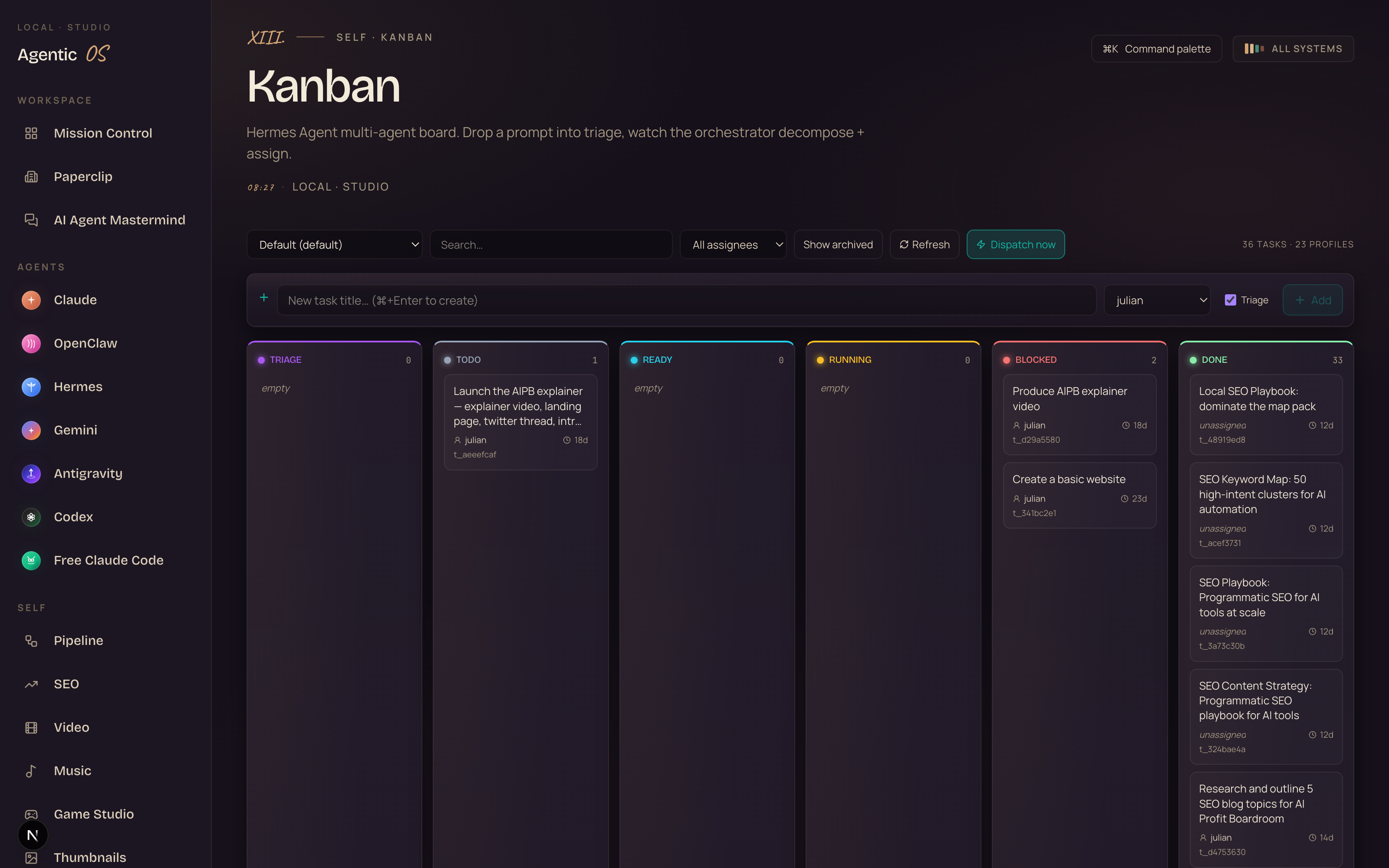 The agent kanban board with shipped SEO work