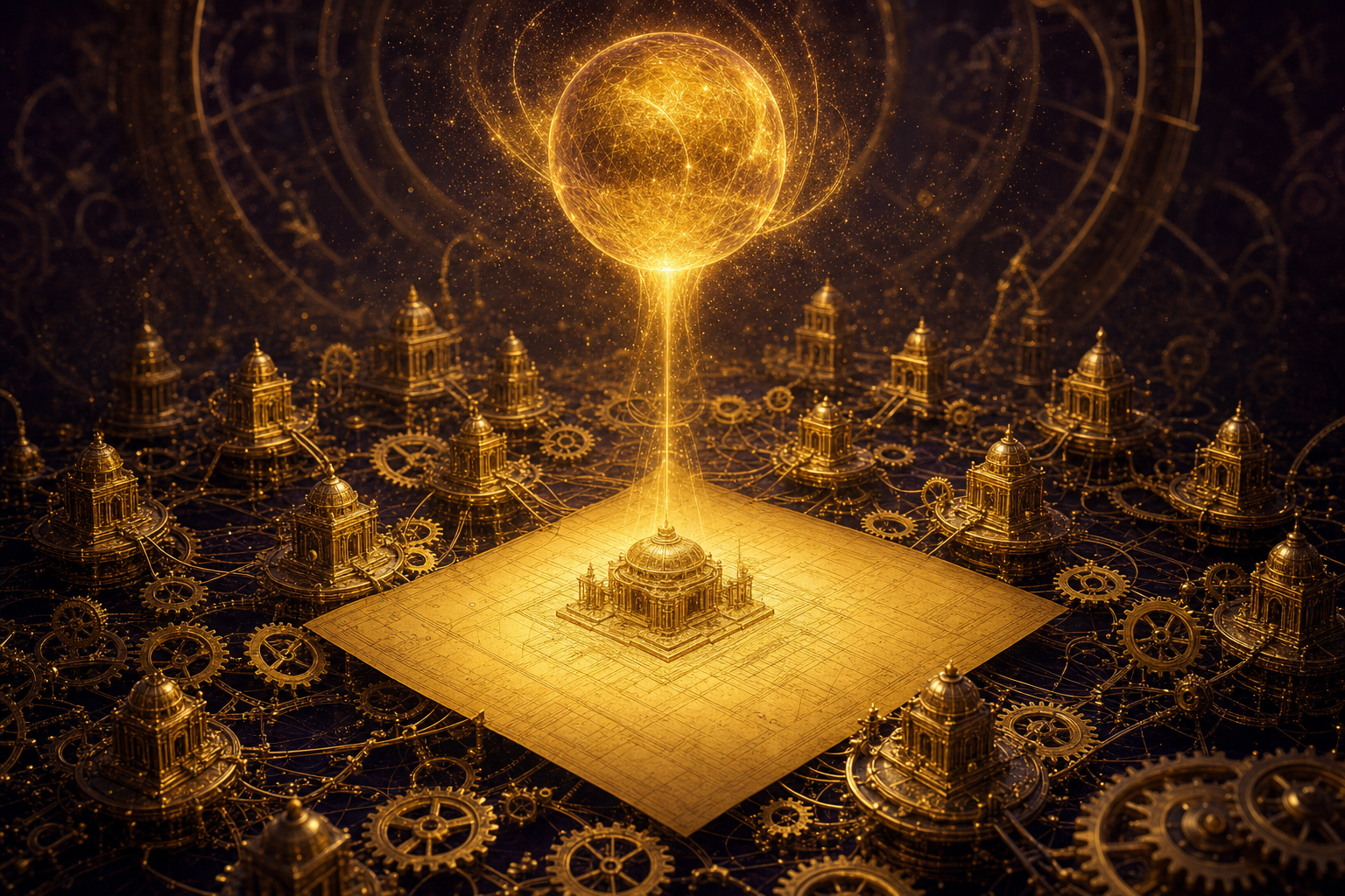 A single radiant golden master blueprint glowing on a pedestal, a brilliant orb of intelligence pouring light onto it, and many identical glowing structures and gears rising and assembling from the one plan