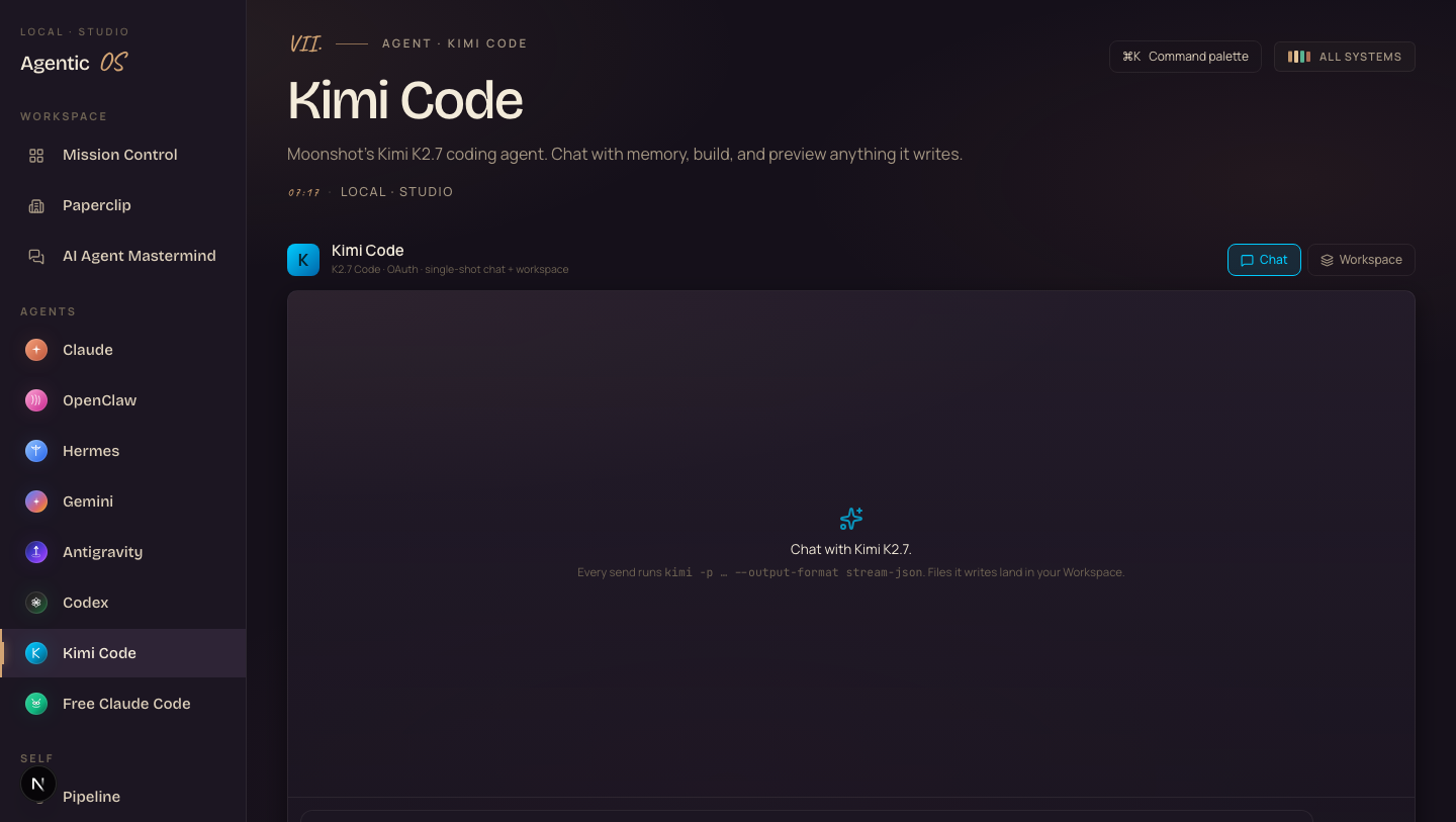 The Kimi Code agent chat in Agent OS