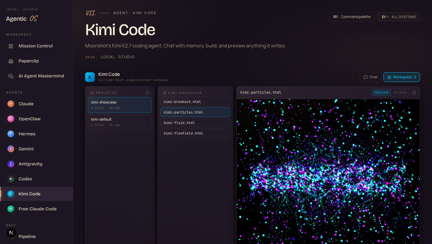 The Kimi workspace in Agent OS previewing a build live