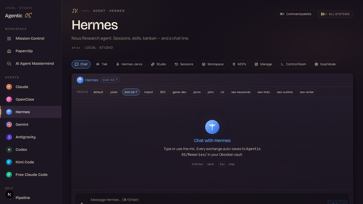 Kimi K2.7 profile in the Hermes chat switcher