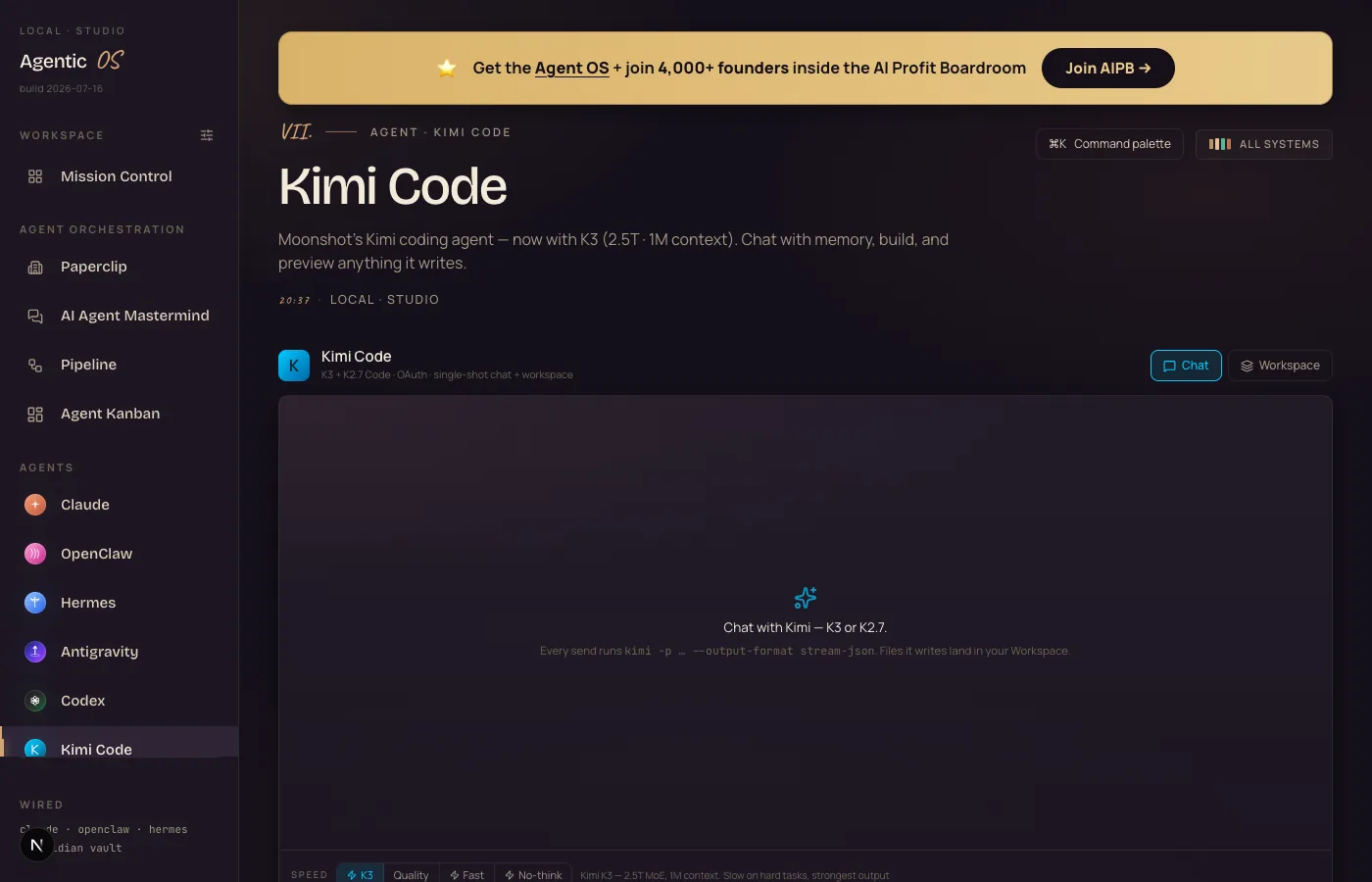 The Agent OS Kimi Code tab showing the new K3 speed toggle selected, with the header reading now with K3, 2.5T, 1M context