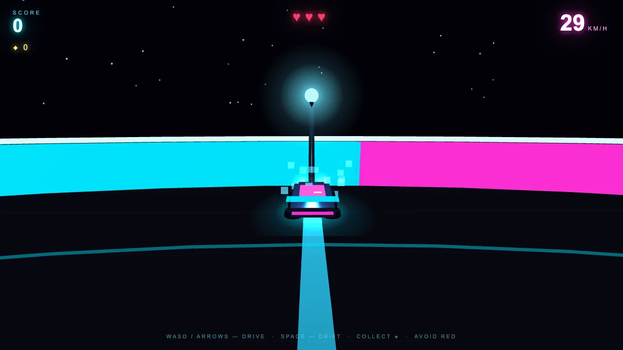 Headless playtest of K3's Neon Drift Arena: the hovercar at 29 km/h with a glowing light trail and collision sparks against neon walls