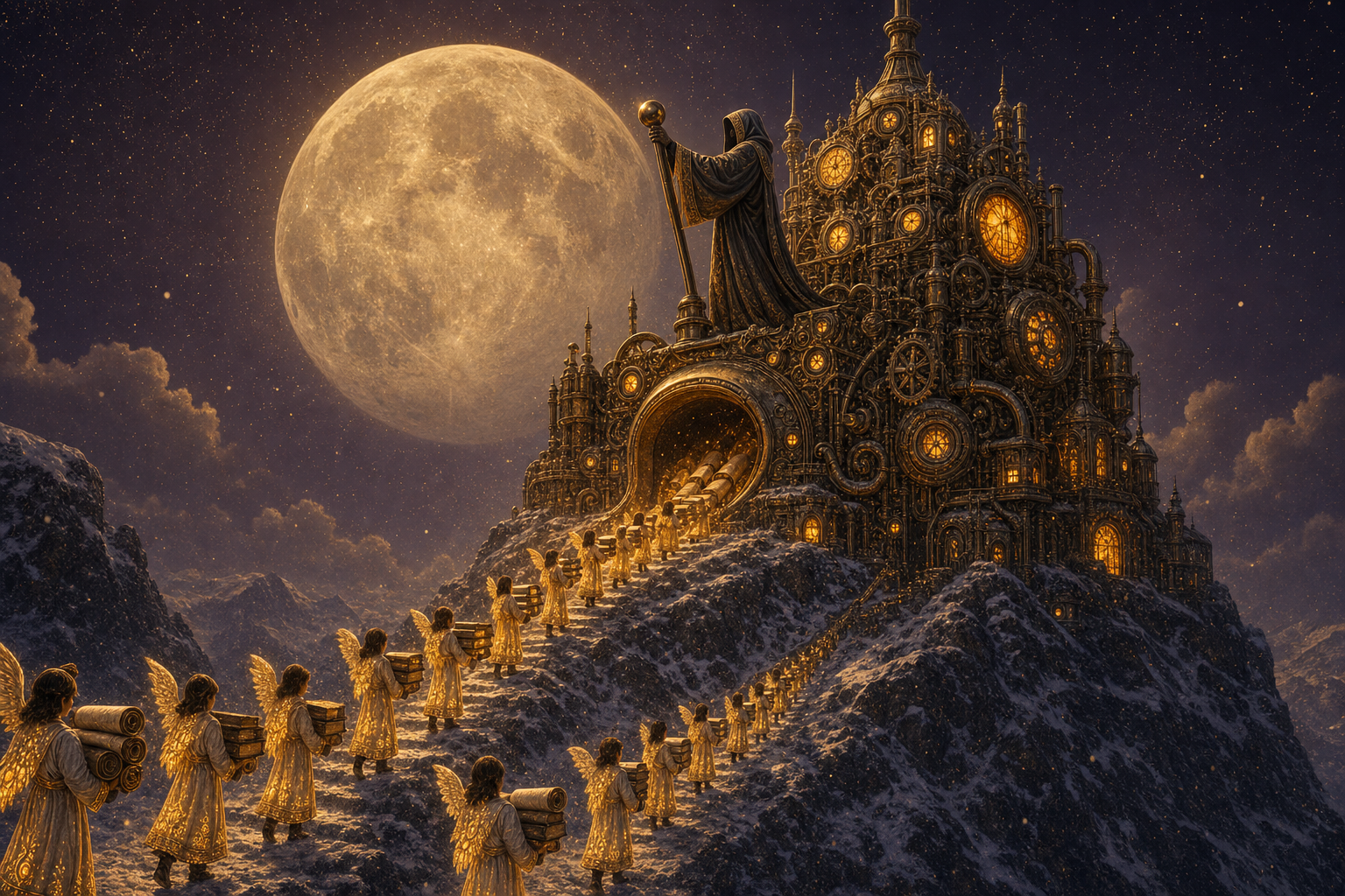 A cathedral-sized brass machine atop a snowy mountain summit under an enormous moon, fed endless scrolls by a procession of fully clothed winged figures in knee-length tunics, while a fully clothed keeper in a full-length hooded robe pulls a great lever