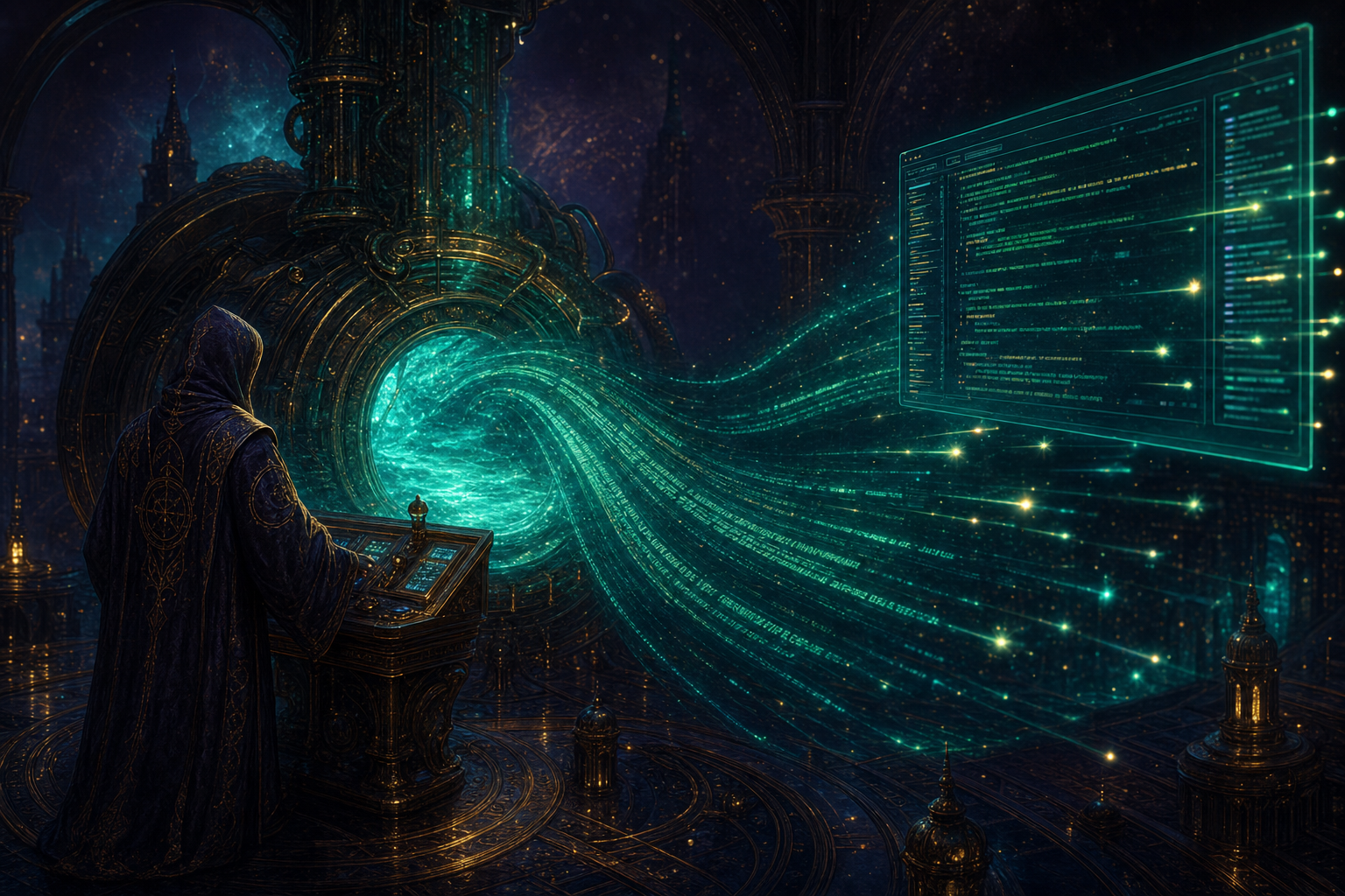 A hooded robed scholar, fully clothed, at an ornate console beside a glowing turquoise lagoon-engine streaming teal code into a floating terminal, gold sparks darting ahead