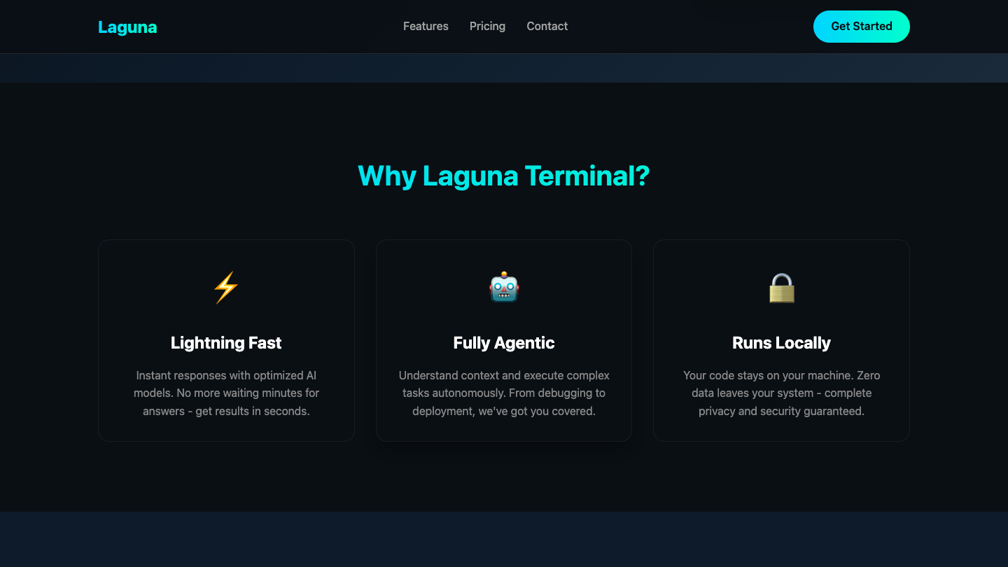 A polished dark landing page for Laguna Terminal with a sticky nav and three feature cards