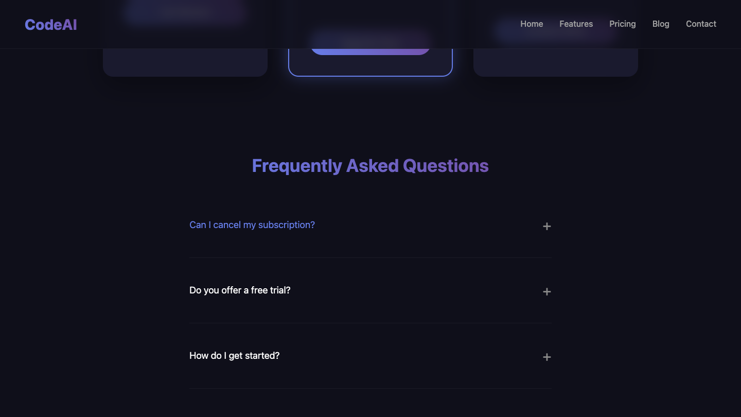 A SaaS pricing page with tier cards and an FAQ section