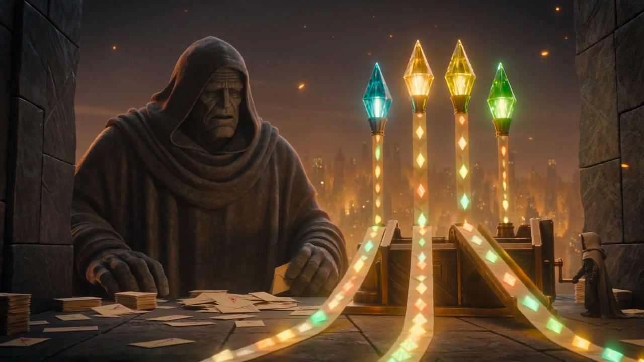 A colossal hooded stone giant, fully robed, hunched over a mountain of glowing envelopes beside a city gate, while a small fully cloaked engineer works a bronze sorting machine with three glowing lenses that sends sealed envelopes down three glowing lanes