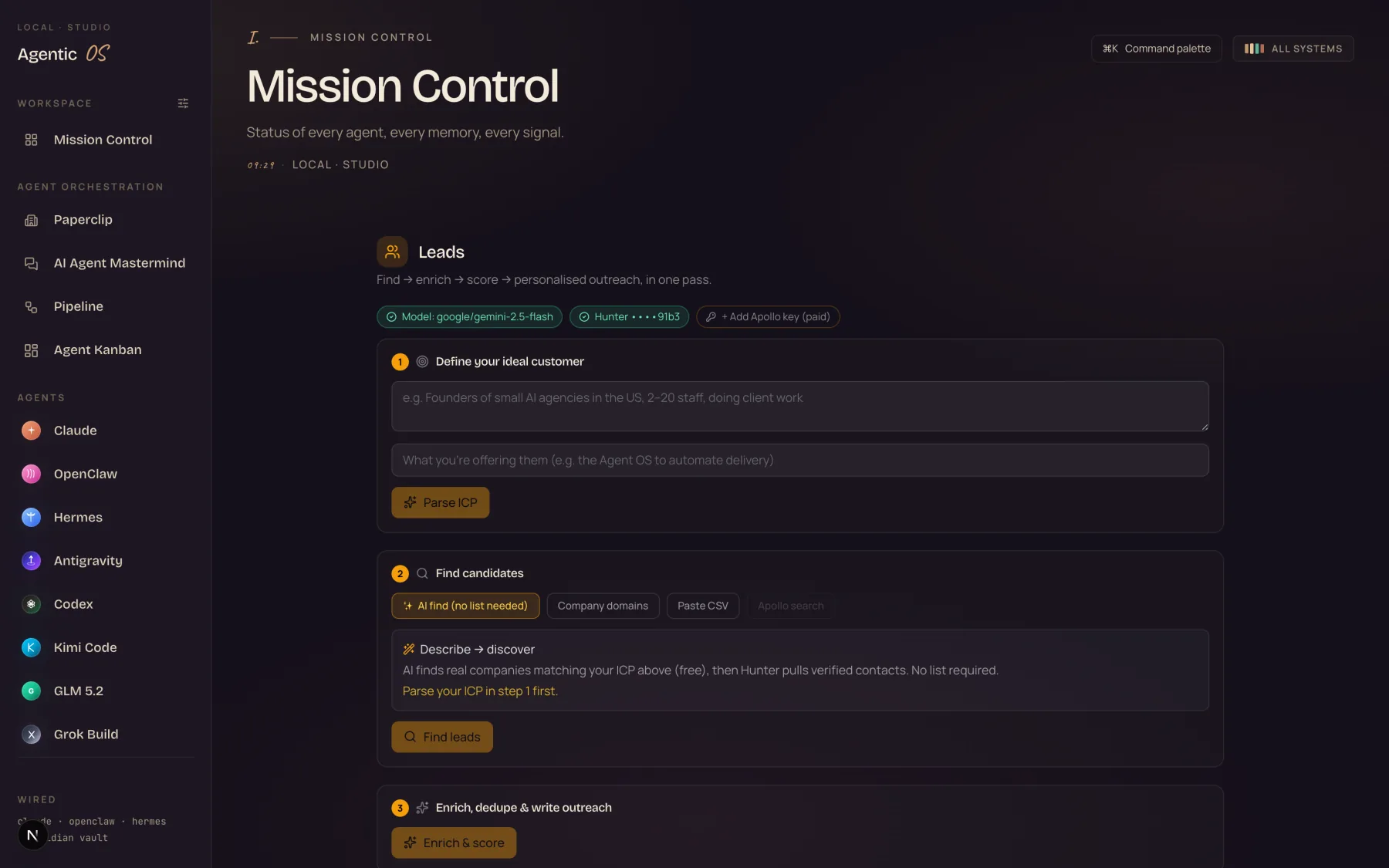 The Lead Machine workflow page — step 1 define your ideal customer, step 2 find candidates with AI find or domains or CSV, step 3 enrich, dedupe and write outreach