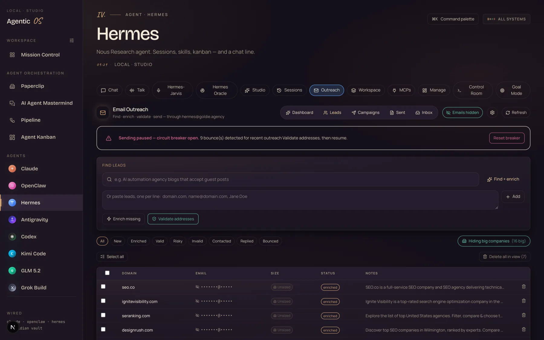 The Outreach tab find-leads view — real agency domains found, emails enriched, status column, and a validate-addresses button