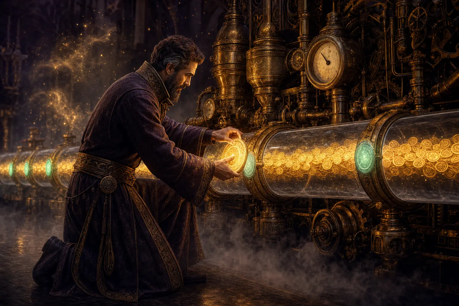 A master engineer fully clothed in a long flowing robe sealing the last of four glowing leaks on a great golden token-pipe engine while golden tokens flow safely inside