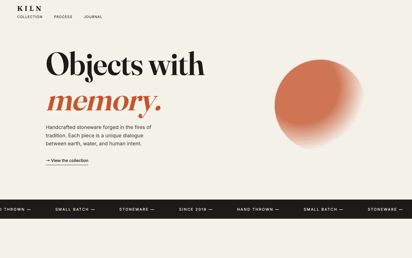 KILN — an editorial ceramics studio landing page with a huge serif headline and terracotta accents
