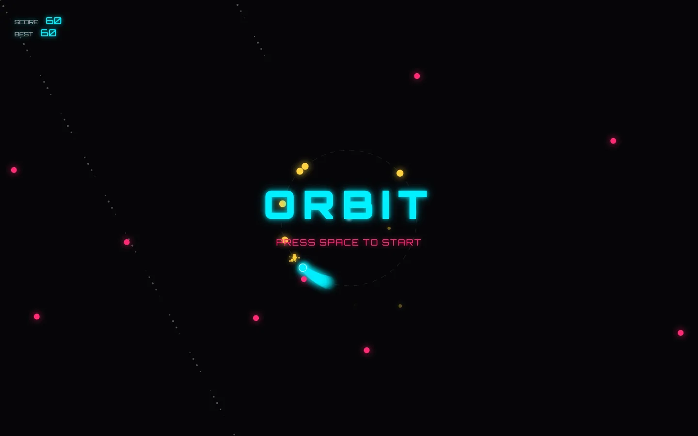 ORBIT — a neon one-button arcade game with a glowing cyan ship trail, gold pickups and magenta hazards
