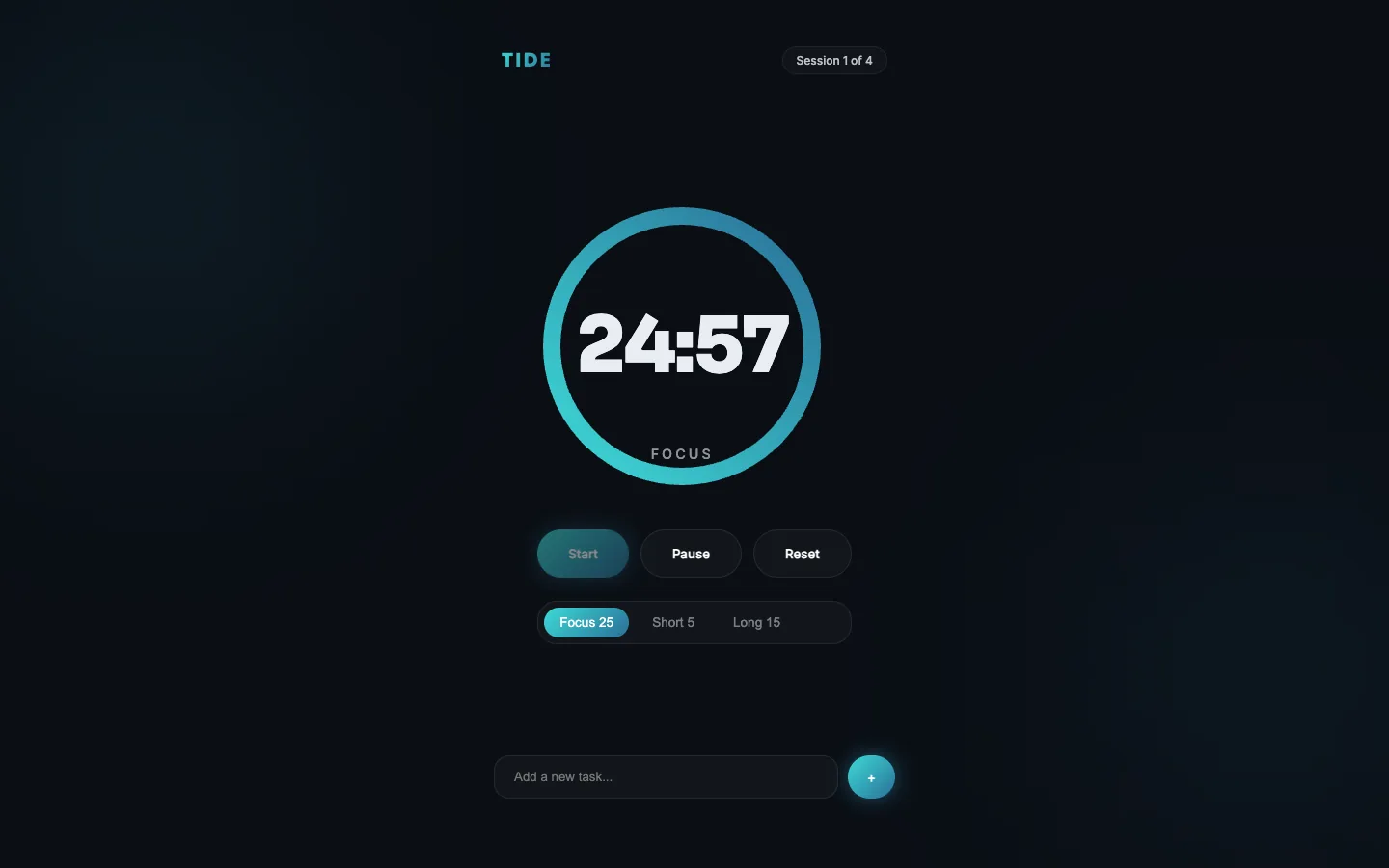 TIDE — a dark premium focus timer app with a glowing aqua progress ring counting down from 25 minutes