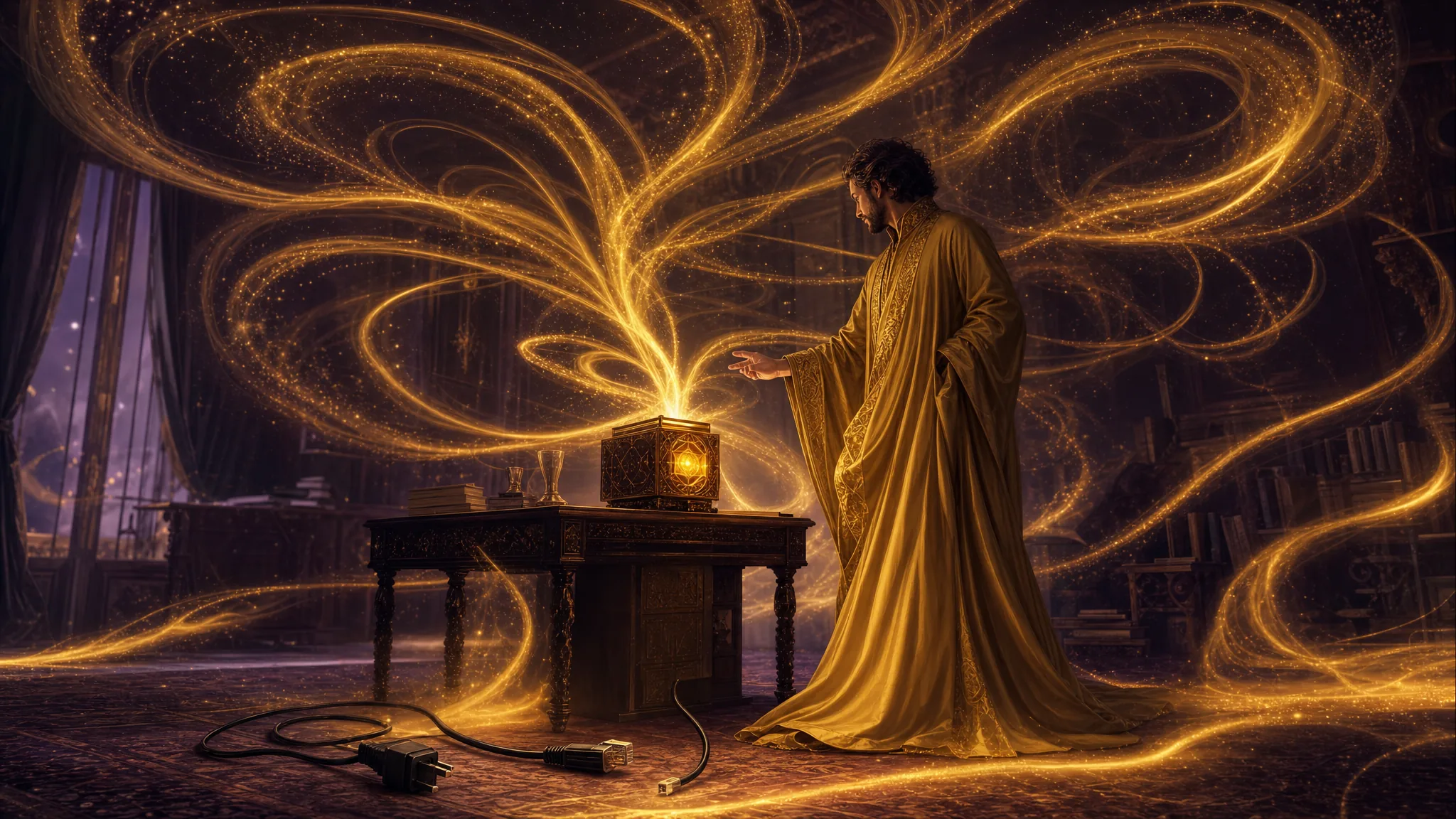A fully robed operator beside a small glowing gem-core machine on a desk, pouring endless ribbons of golden light through the room — while the power and network cables lie unplugged on the floor