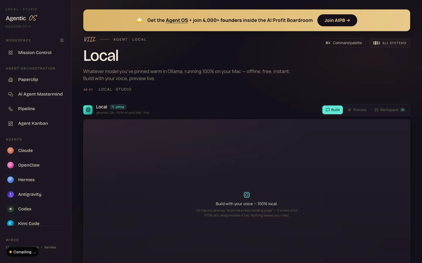 The Agent OS Local section with the header reading gemma4:12b, 100% on your Mac, free — and the voice-build panel below