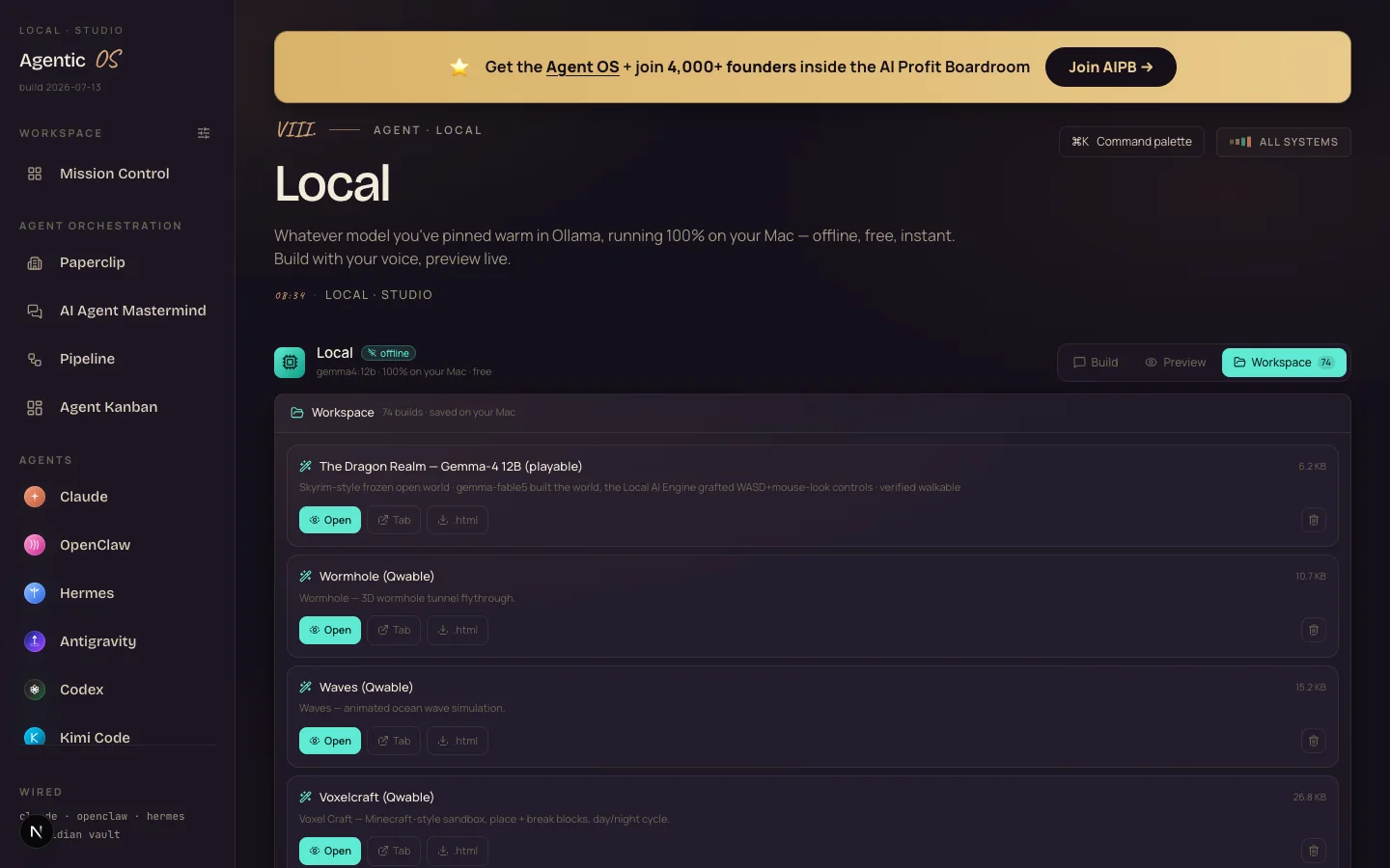 The Local section's Workspace tab listing 74 builds saved on the Mac — including a playable Dragon Realm game built by Gemma 4 12B, a wormhole flythrough and an ocean wave simulation