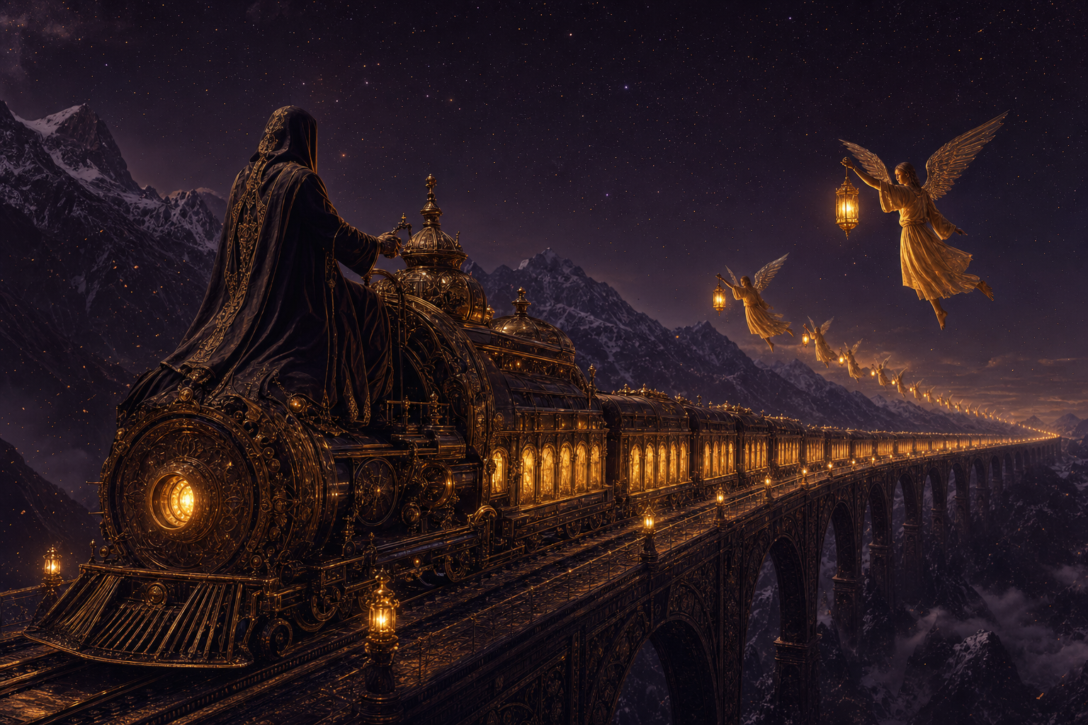 A colossal ornate brass locomotive engine pulling a long train of glowing carriages across a mountain viaduct at night, driven by a fully clothed keeper in a full-length hooded robe while fully clothed winged lantern-bearers in knee-length tunics light the track ahead