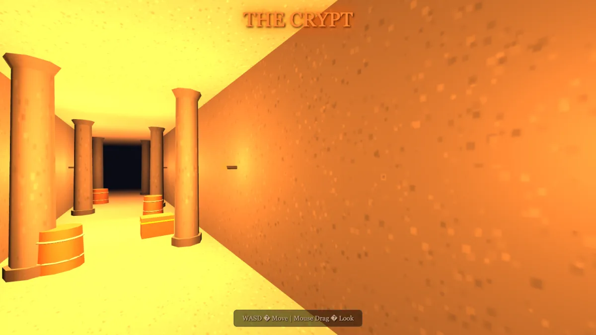 LongCat's Crypt build — a torch-lit stone dungeon corridor with pillars, barrels and a chest