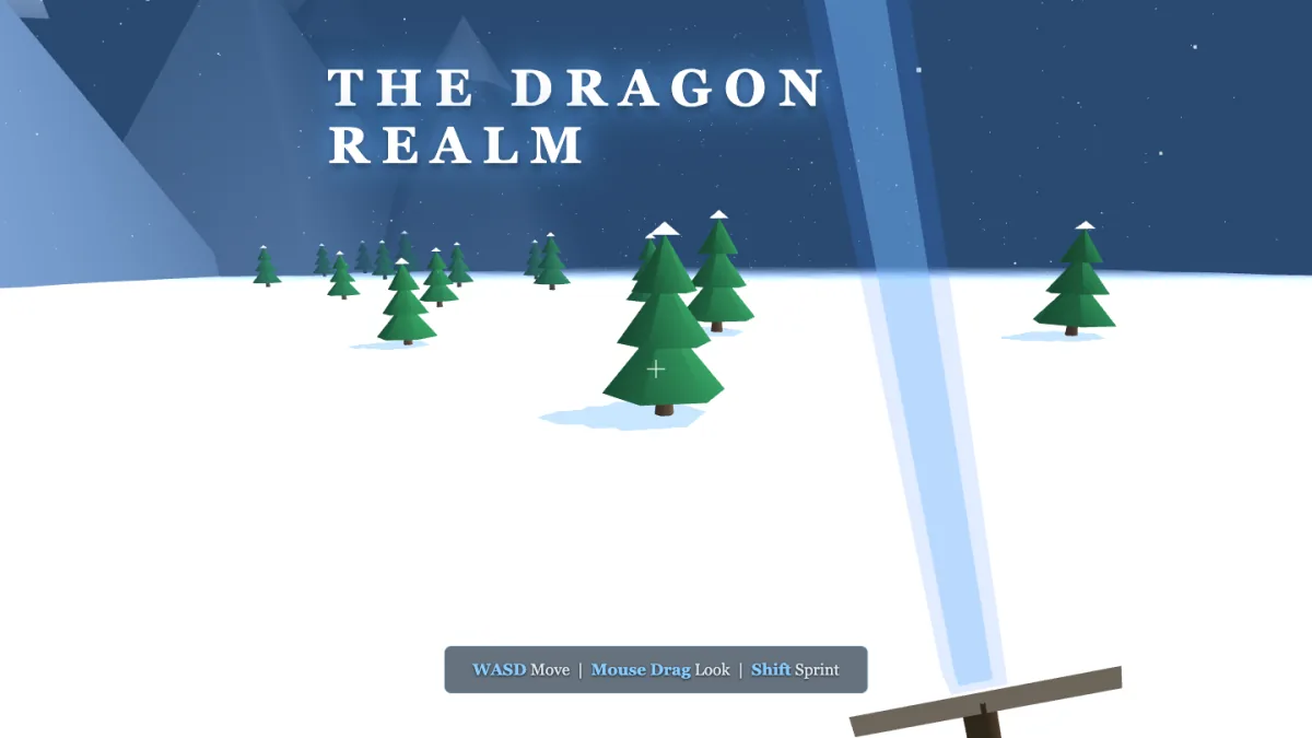 LongCat's Dragon Realm build — a snowy open world with snow-capped mountains, low-poly pines, falling snow and a glowing first-person sword