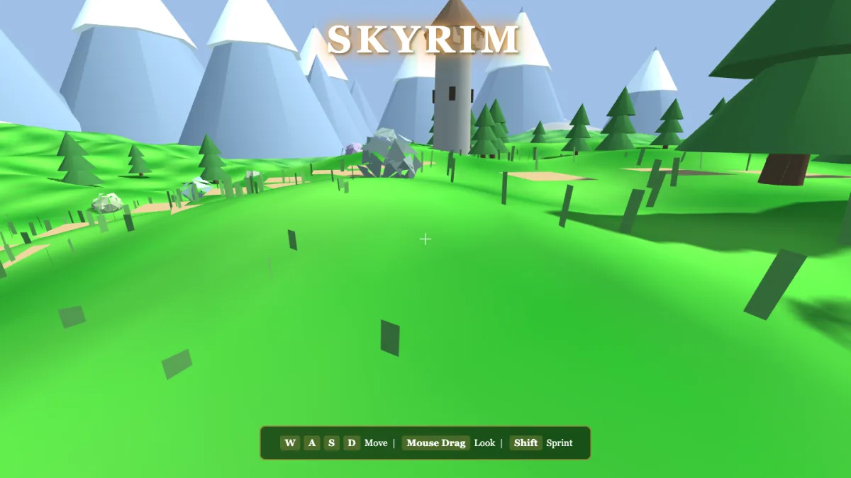 LongCat's Skyrim build — a rolling green highland with snow mountains, a stone watchtower, conifers and boulders