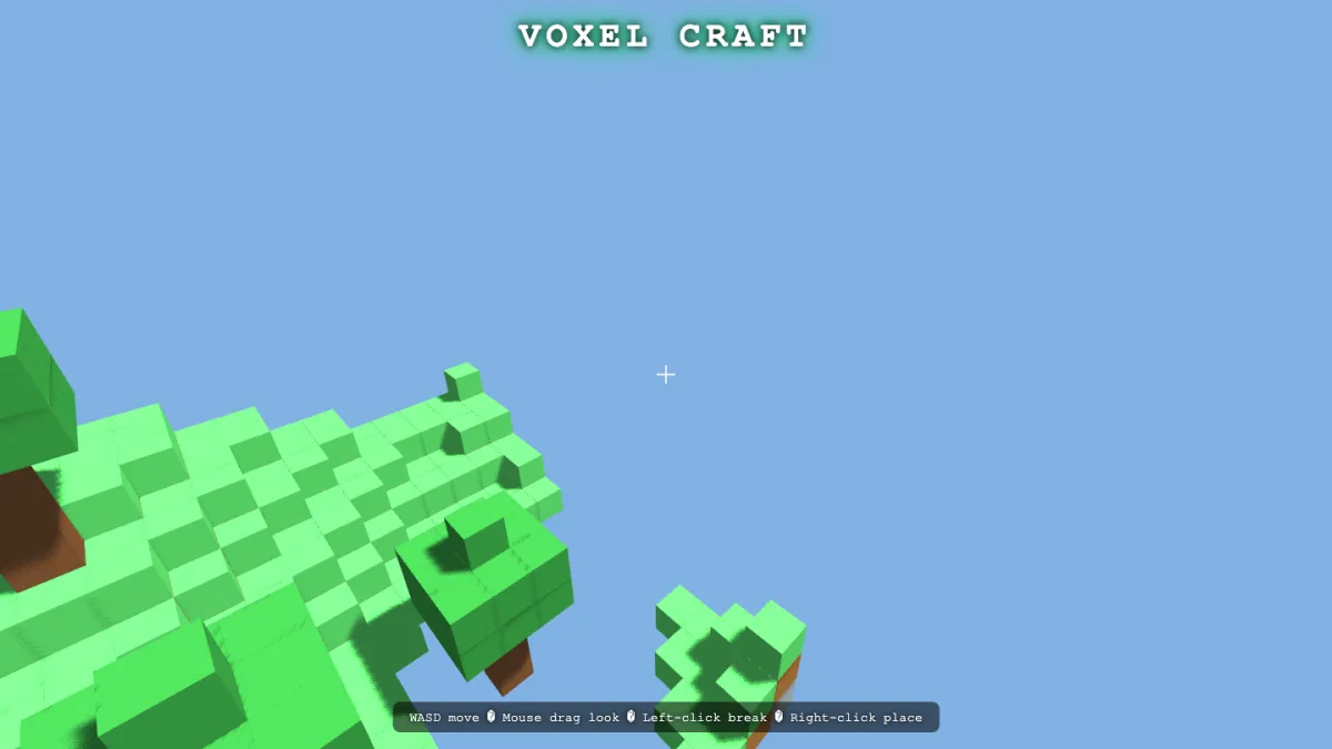 LongCat's Voxel Craft build — a Minecraft-style world of grass-topped cube blocks with voxel trees under a blue sky