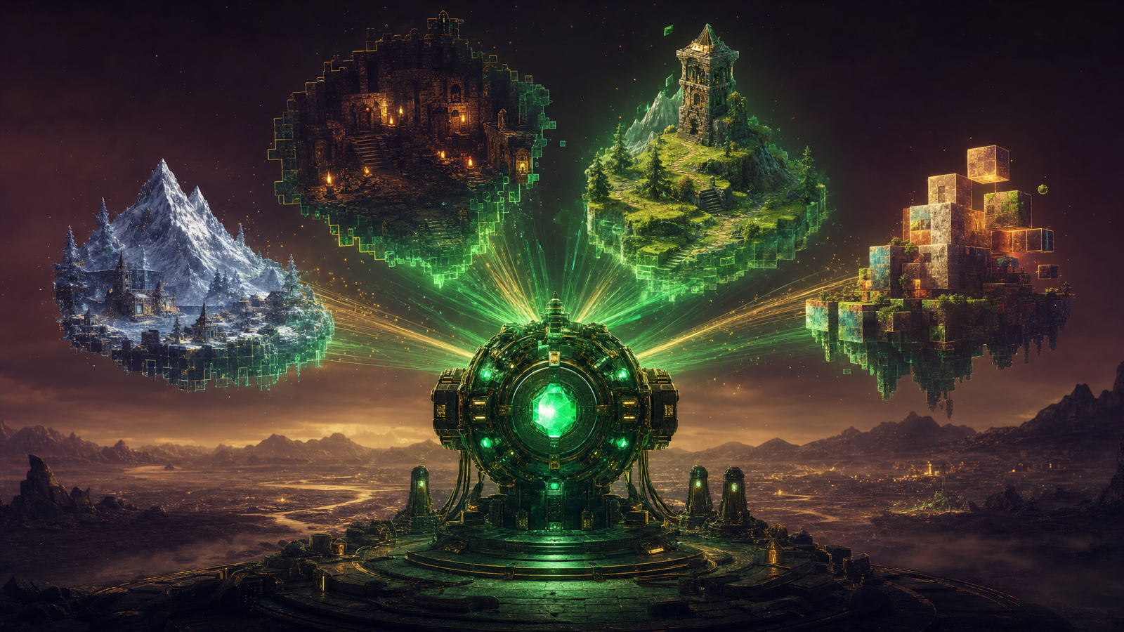 A glowing emerald-green machine engine on a dark frontier plain, beams of green and gold light constructing four small low-poly game worlds around it — a snowy mountain realm, a torch-lit dungeon, a green highland with a watchtower, and a floating island of cube blocks