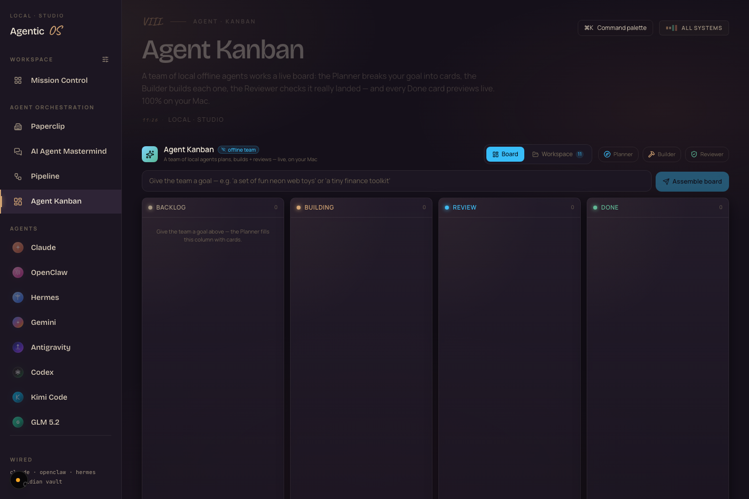 Agent Kanban board — Backlog, Building, Review, Done columns worked by local agents