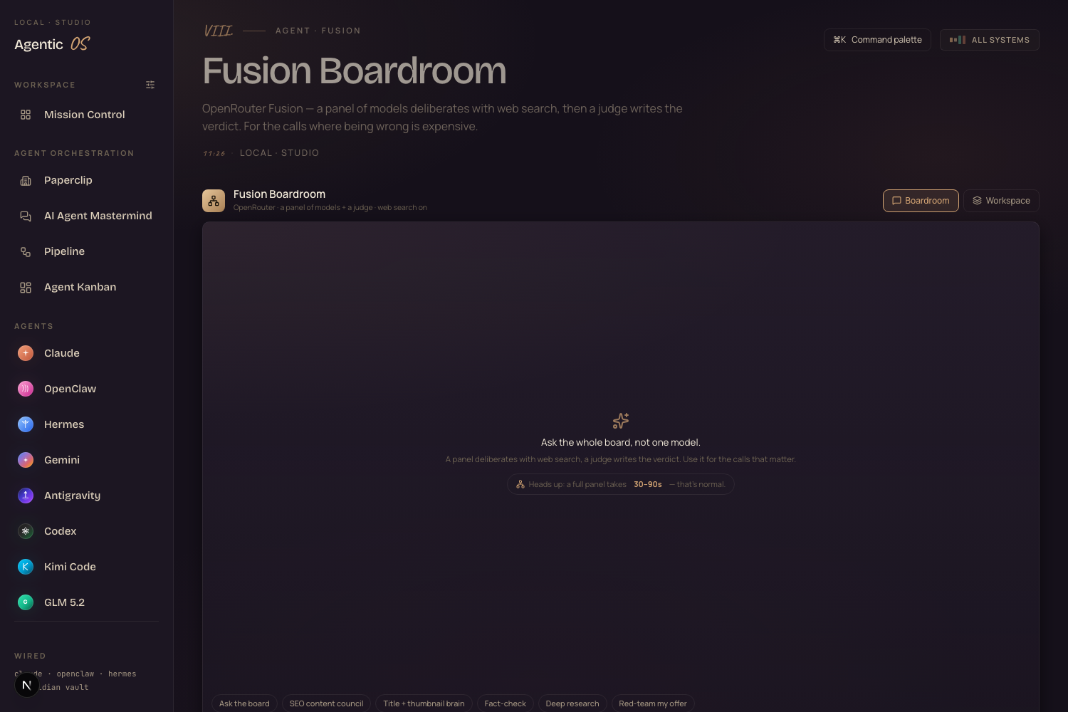Fusion Boardroom in the Agent OS — ask the whole board, not one model